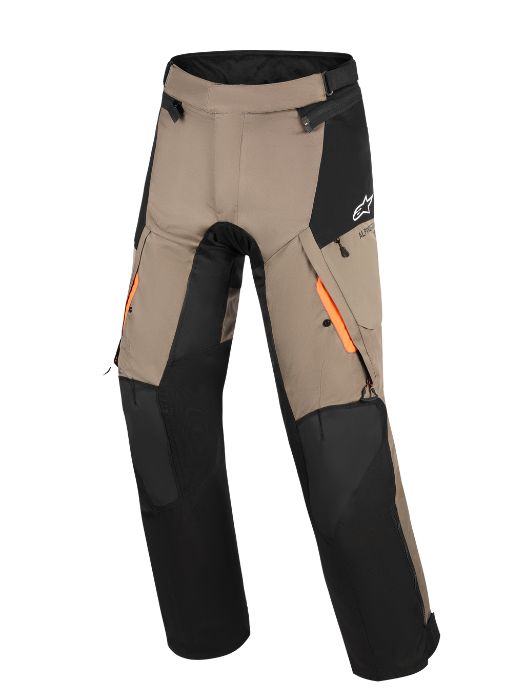 Alpinestars Andes V4 Drystar® Hose, Adventure-Tourenhose, Walnuss und Schwarz, mit orangefarbenen Akzenten an den Belüftungsöffnungen der Oberschenkel, verstärkten Kniepaneelen und wasserabweisenden Cargotaschen.