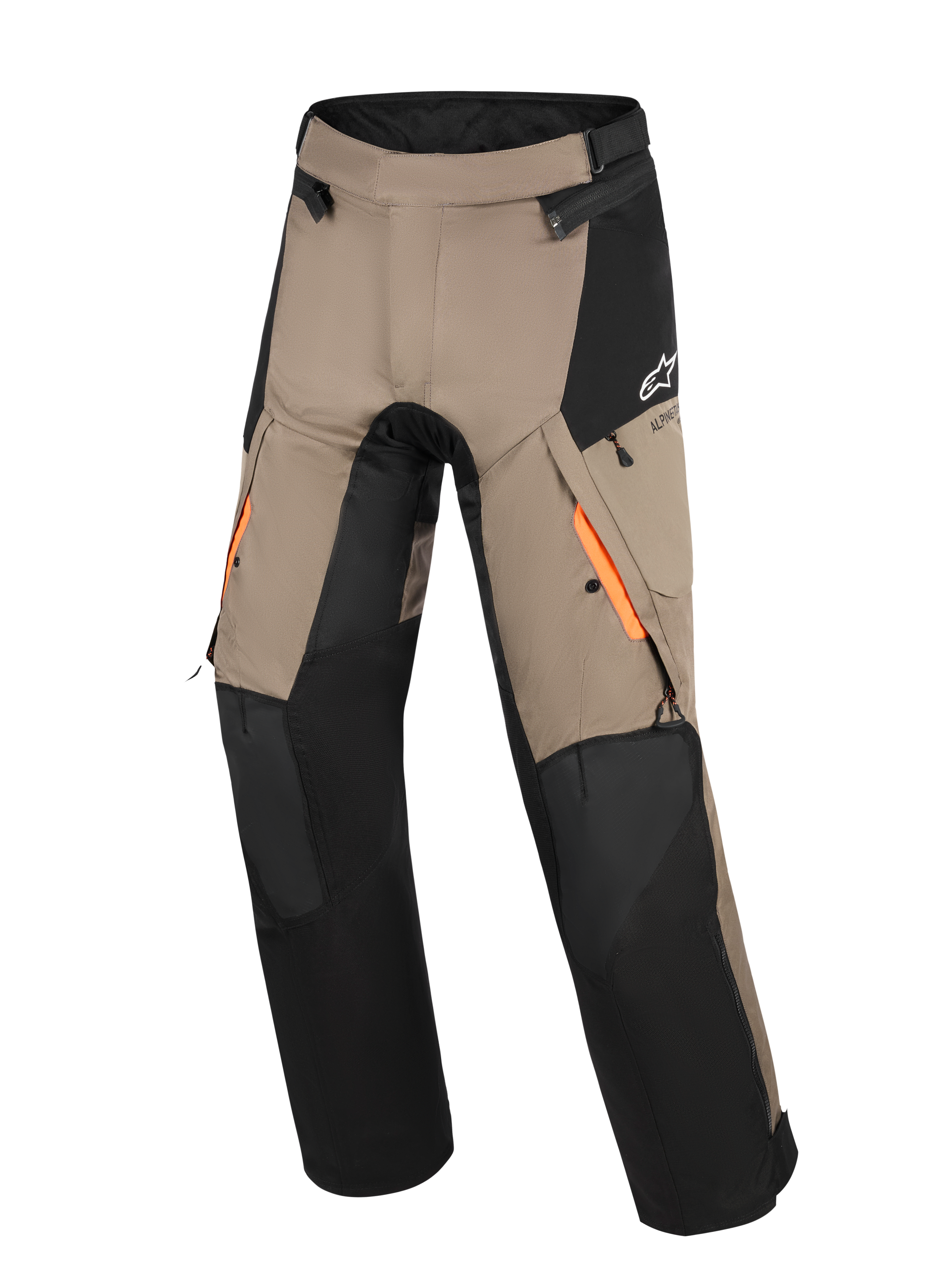 Alpinestars Andes V4 Drystar® Hose, Adventure-Tourenhose, Walnuss und Schwarz, mit orangefarbenen Akzenten an den Belüftungsöffnungen der Oberschenkel, verstärkten Kniepaneelen und wasserabweisenden Cargotaschen.