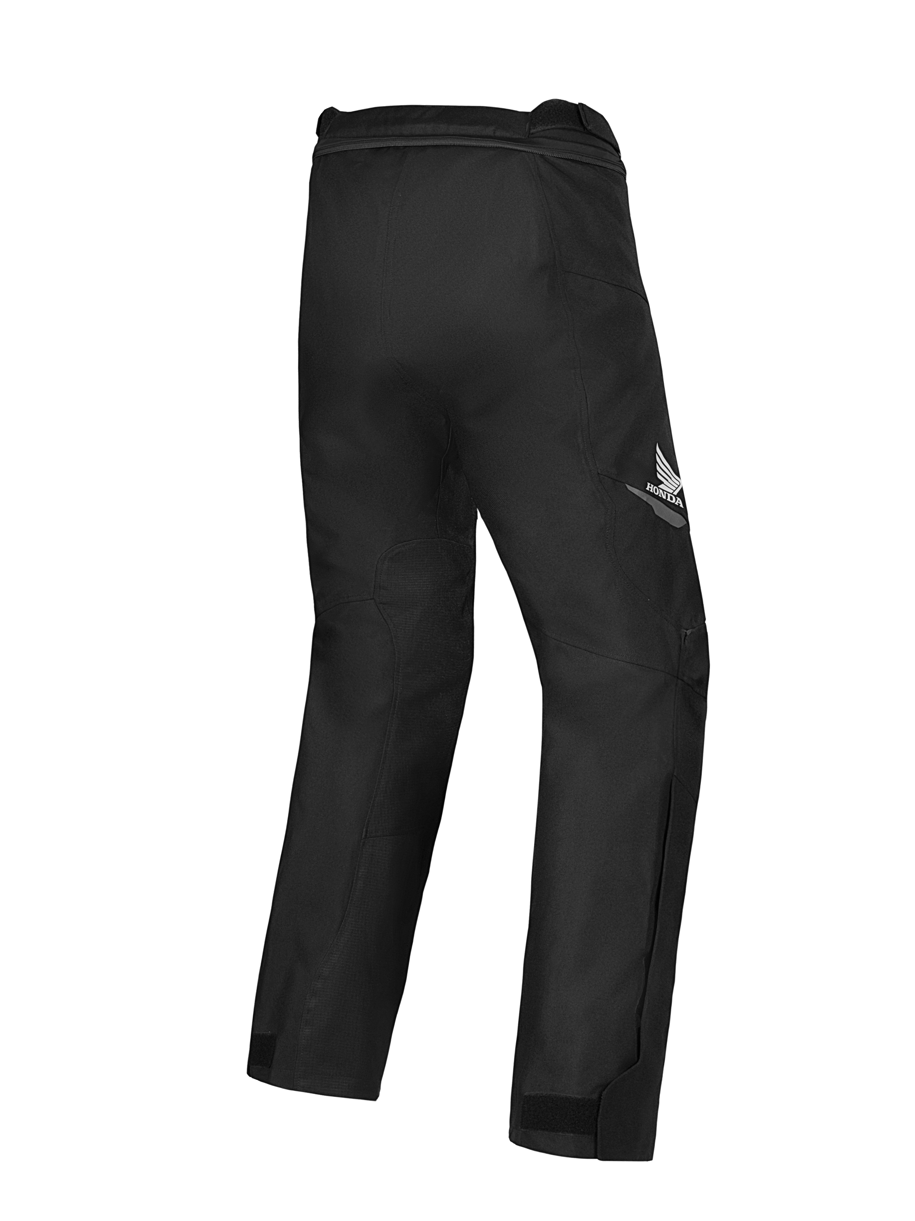 Alpinestars Honda ST-1 Wasserdichte Hose, Motorrad-Tourenhose, Schwarz, Rückansicht mit Honda-Flügel-Logo am Oberschenkel, stromlinienförmiges Textildesign mit ergonomischer Bewegungsfreiheit und Verbindungsreißverschluss an der Taille.