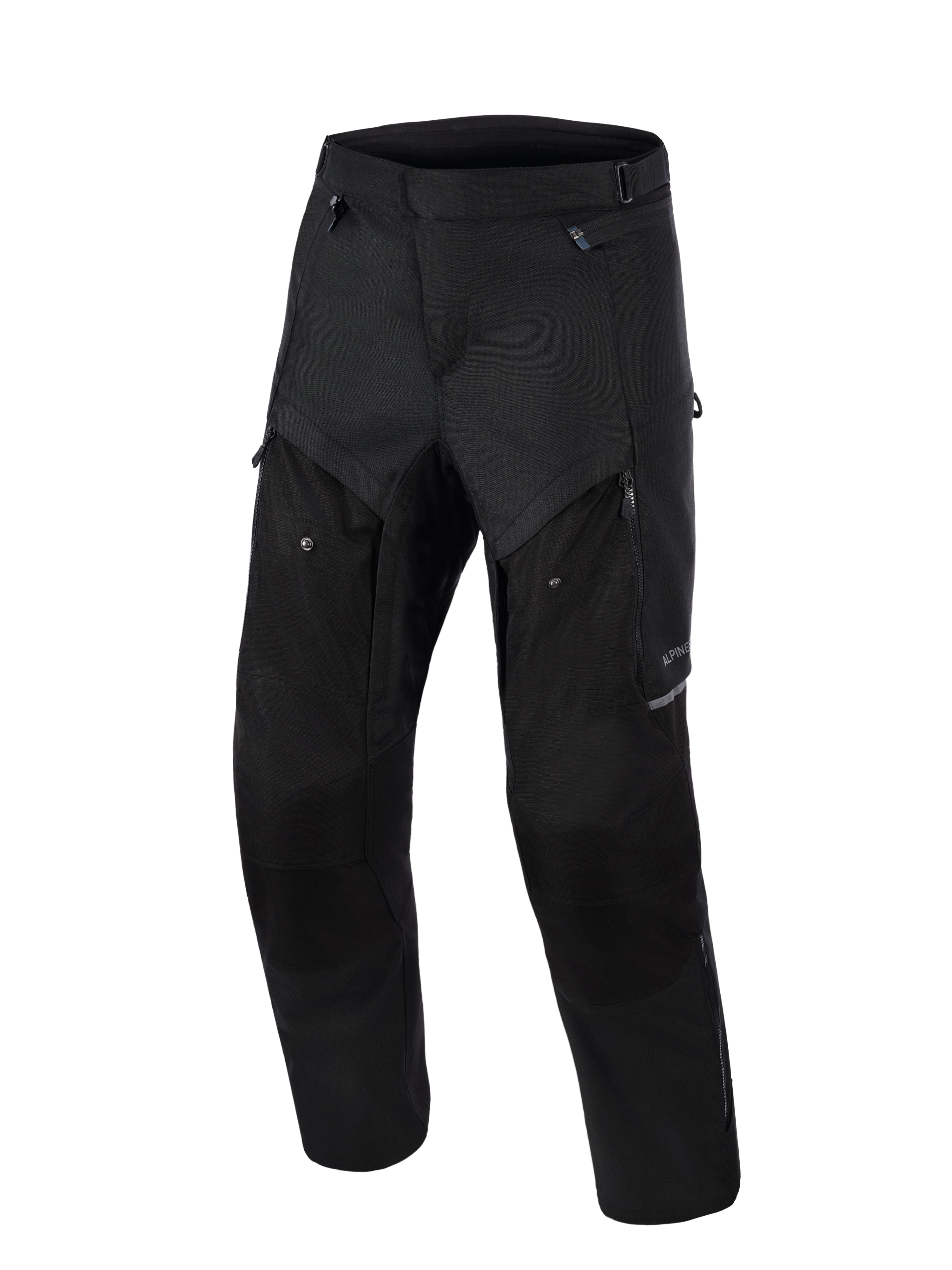 Alpinestars Cusco Drystar® Hose, Adventure-Motorradhose, Schwarz, Vorderansicht, mit Belüftungspaneelen mit Reißverschluss an den Oberschenkeln, strapazierfähiger Ripstop-Textilkonstruktion und ergonomischem Design für Straßen- und Adventure-Touren