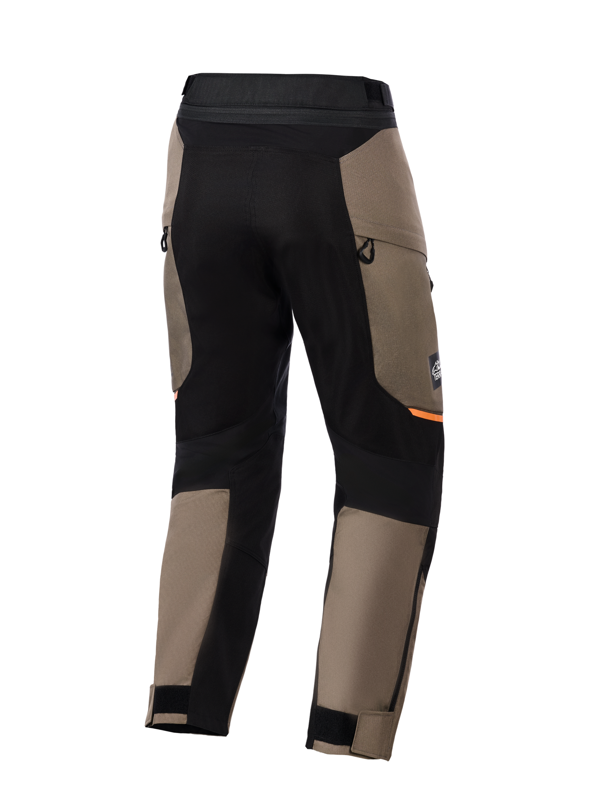 Alpinestars Cusco Drystar® Hose, Adventure-Motorradhose, Walnussbraun und Schwarz, Rückansicht mit schwarzen Stretch-Einsätzen, orangen Akzenten, Belüftungsöffnungen mit Reißverschluss und verstellbaren Klettverschlüssen für den Straßeneinsatz.