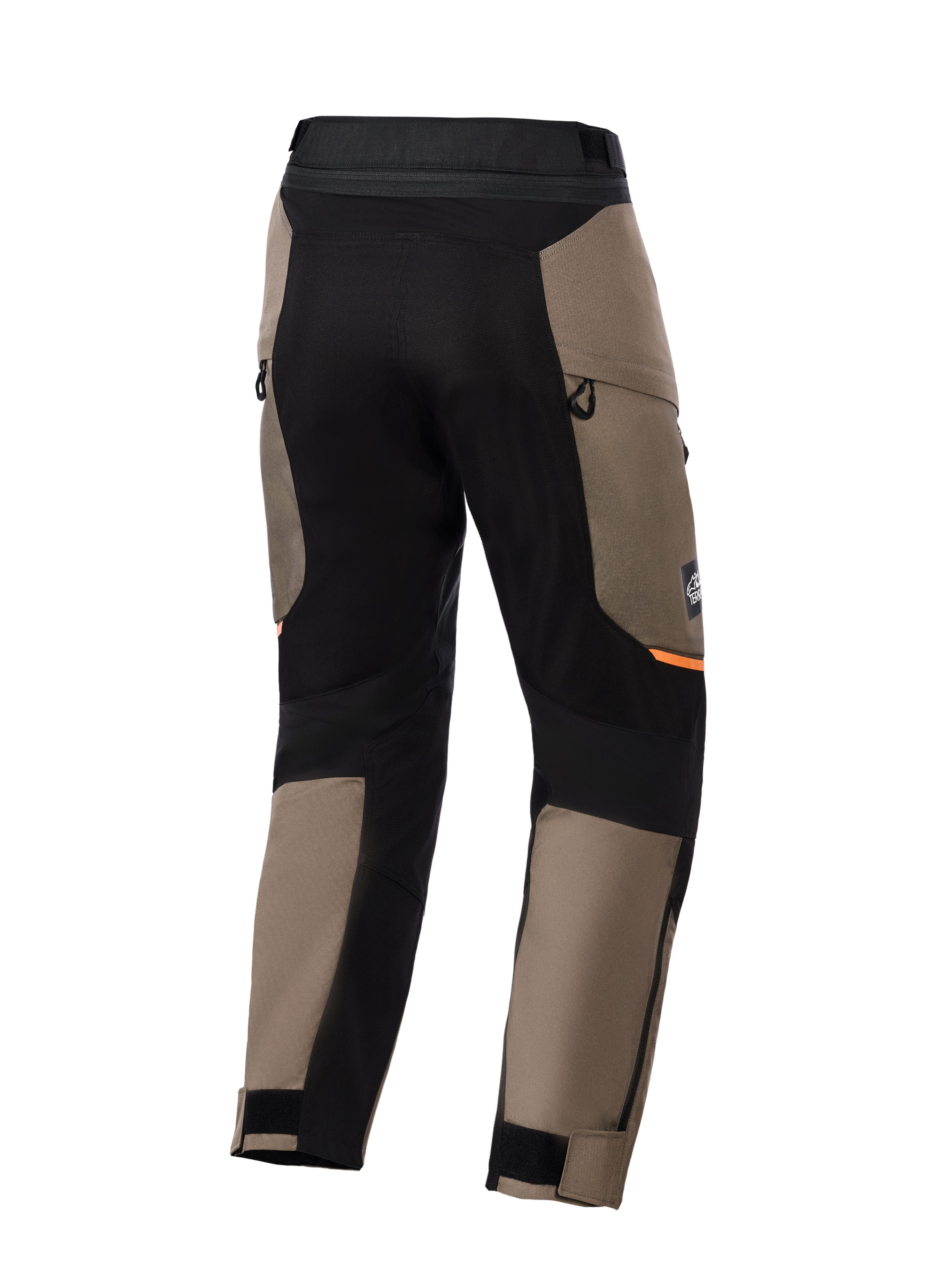 Alpinestars Cusco Drystar® Hose, Adventure-Motorradhose, Walnussbraun und Schwarz, Rückansicht mit schwarzen Stretch-Einsätzen, orangen Akzenten, Belüftungsöffnungen mit Reißverschluss und verstellbaren Klettverschlüssen für den Straßeneinsatz.