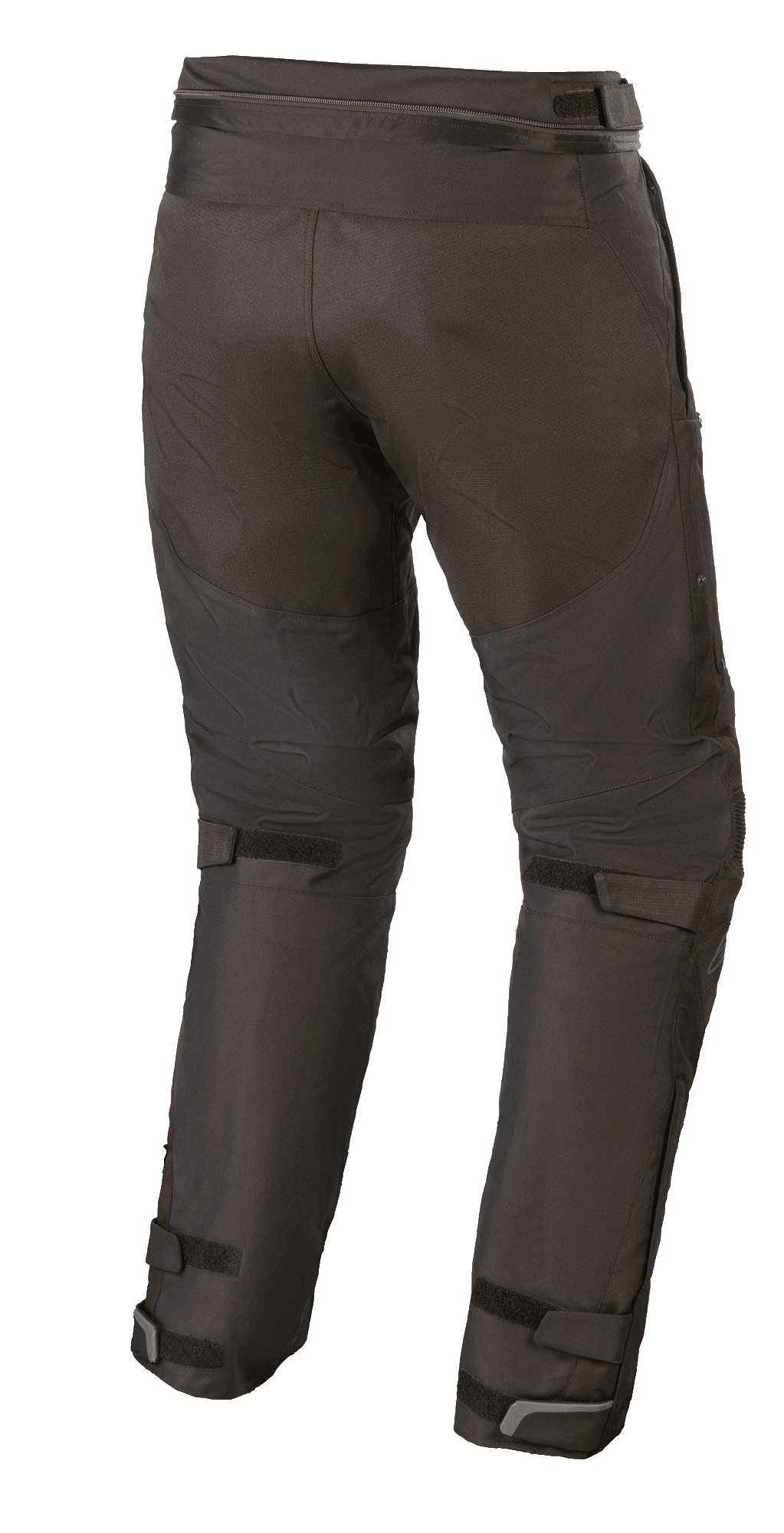 Alpinestars Raider V2 Drystar® Hose, Textil-Motorradhose, Schwarz, Rückansicht mit Verbindungsreißverschluss an der Taille und verstellbaren Klettverschlüssen an der Beinrückseite und den Knöcheln.