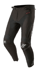 Alpinestars T-SP R Drystar Hose, Schwarze Textil-Motorradhose für Sport-Touring, verstärkte Kniepolster mit weißen Stern-Logos, rotes Drystar-Branding an der Hüfte, Belüftungsöffnungen mit Reißverschluss an den Oberschenkeln, verstellbarer Bund mit Schnalle, vorgeformte renninspirierte Passform