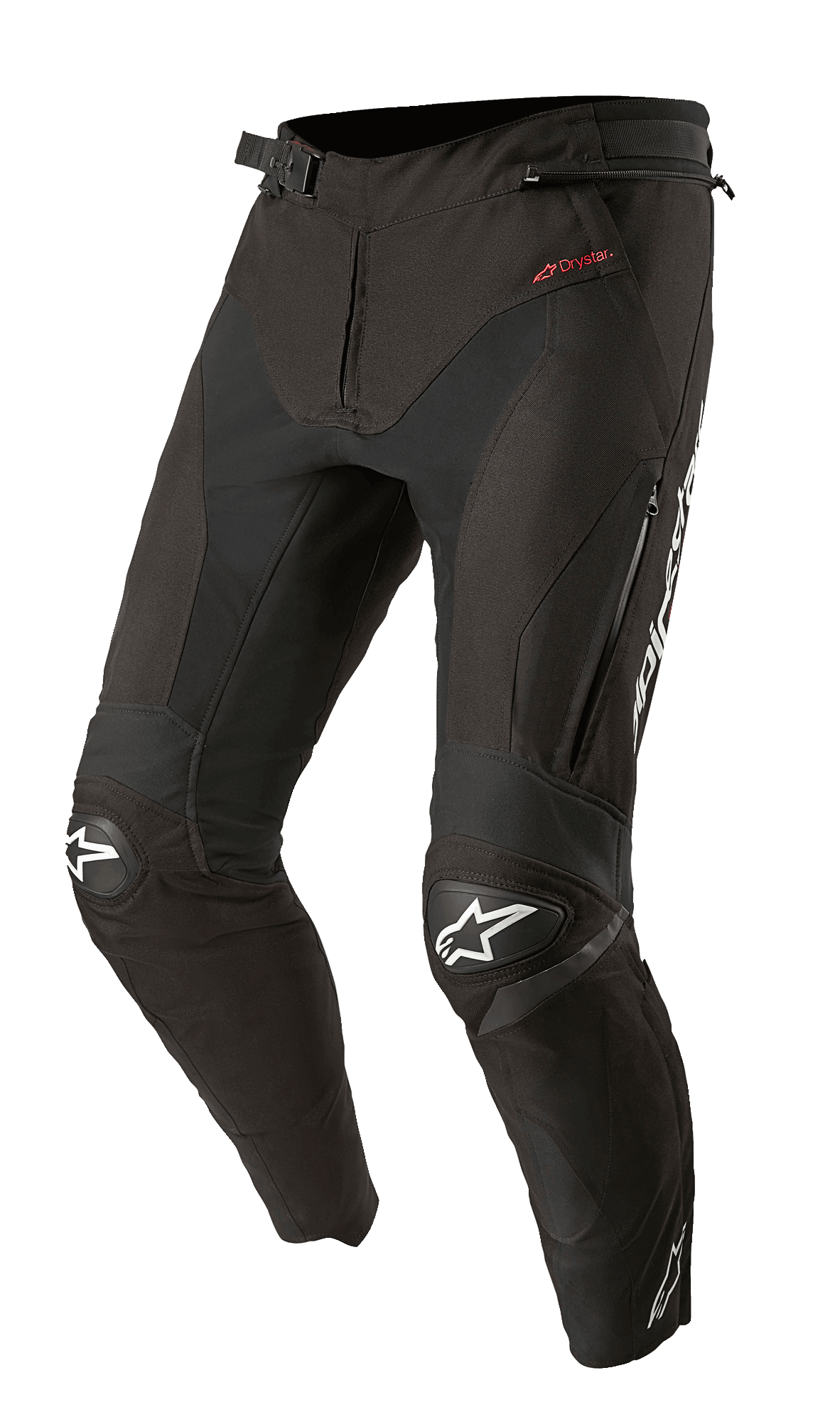 Alpinestars T-SP R Drystar Hose, Schwarze Textil-Motorradhose für Sport-Touring, verstärkte Kniepolster mit weißen Stern-Logos, rotes Drystar-Branding an der Hüfte, Belüftungsöffnungen mit Reißverschluss an den Oberschenkeln, verstellbarer Bund mit Schnalle, vorgeformte renninspirierte Passform