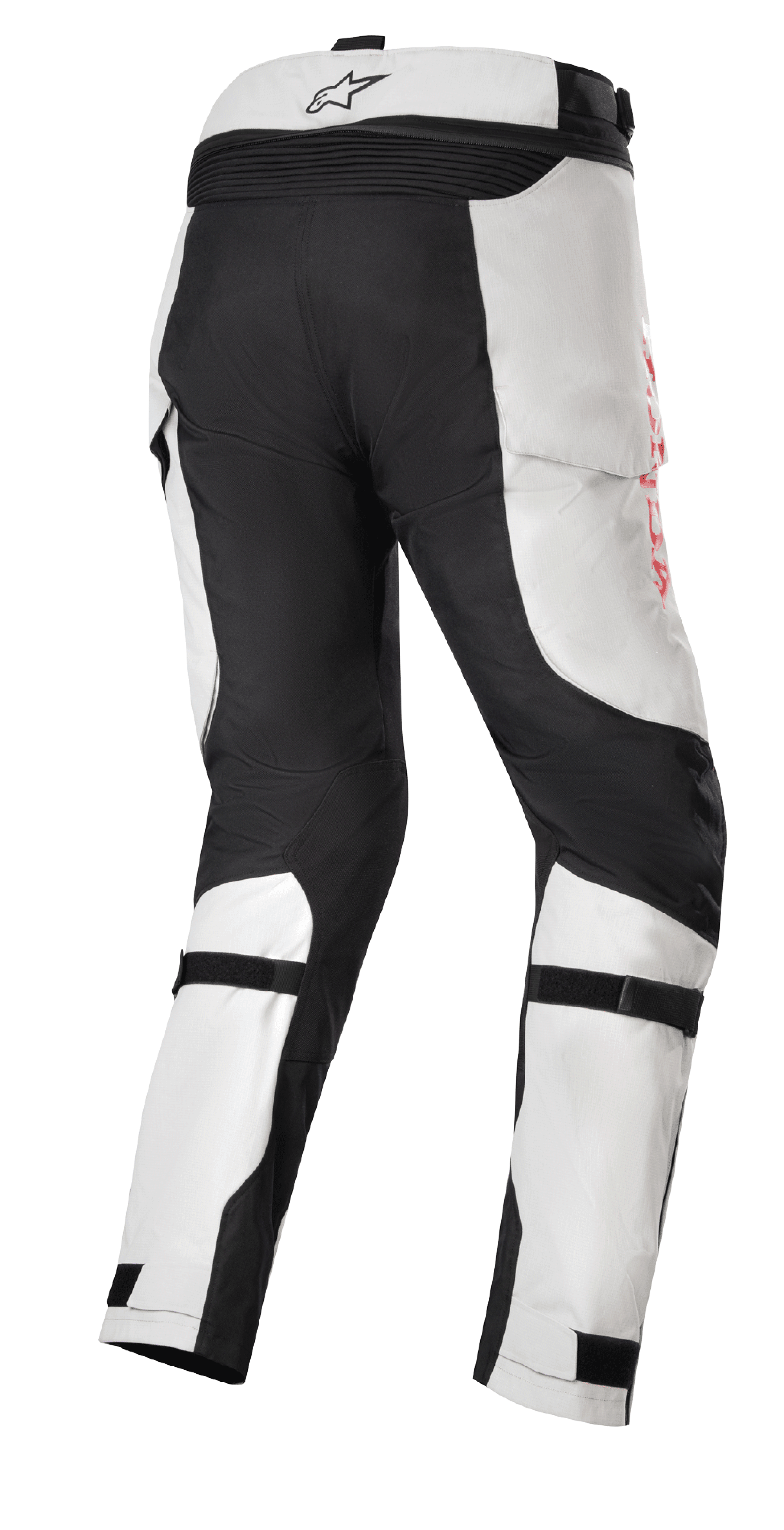 Honda Bogota' Pro Drystar® Pants, Adventure Touring Motorcycle Pants, Ice Gray and Black, rear view featuring reinforced black panels on the seat and inner legs, red side branding, and adjustable calf straps for a secure fit.