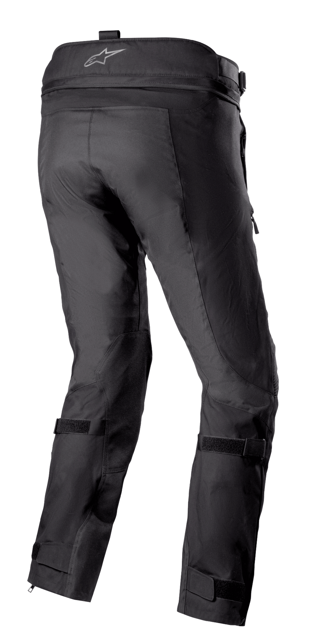 Alpinestars Bogotá Pro Drystar® 3 Seasons Hose, schwarze Adventure-Touren-Motorradhose in der Rückansicht, mit Logo am Bund, verstellbaren Beinriemen und technischer Textilkonstruktion mit verstärkten Einsätzen.