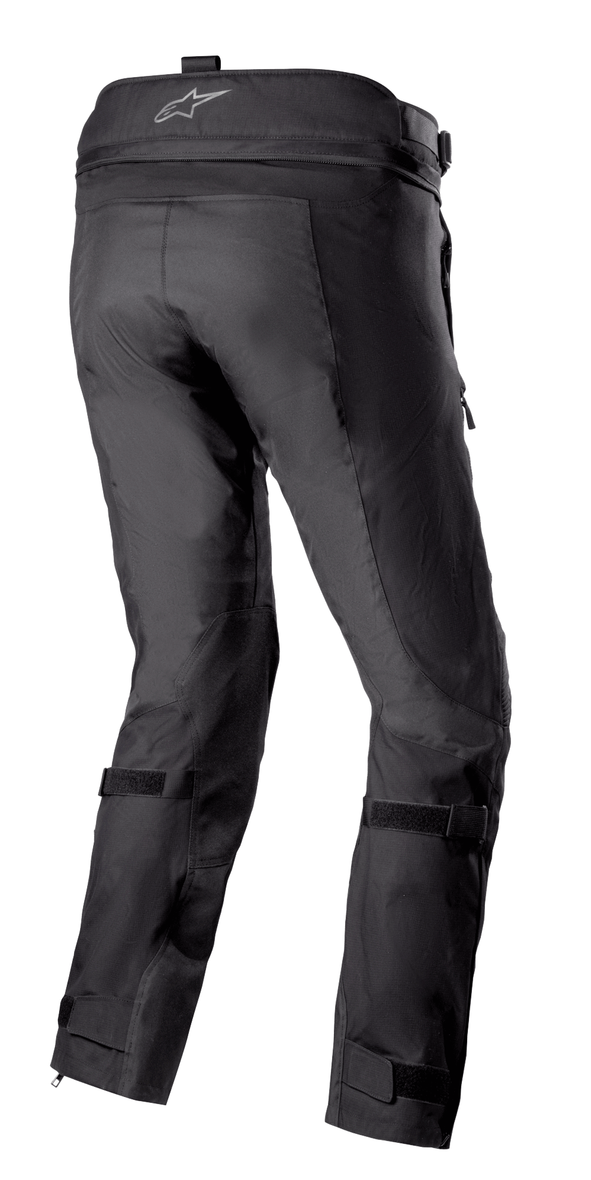 Alpinestars Bogotá Pro Drystar® 3 Seasons Hose, schwarze Adventure-Touren-Motorradhose in der Rückansicht, mit Logo am Bund, verstellbaren Beinriemen und technischer Textilkonstruktion mit verstärkten Einsätzen.