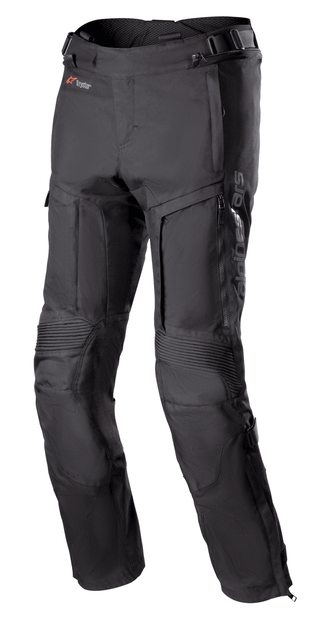 Alpinestars Bogota Pro Drystar 3 Seasons Hose, schwarze Motorrad-Tourenhose, mit Belüftungsreißverschlüssen an den Oberschenkeln, Akkordeon-Stretcheinsätzen an den Knien, verstellbaren Taillenriemen und strapazierfähigem Textilgewebe mit Drystar-Branding.