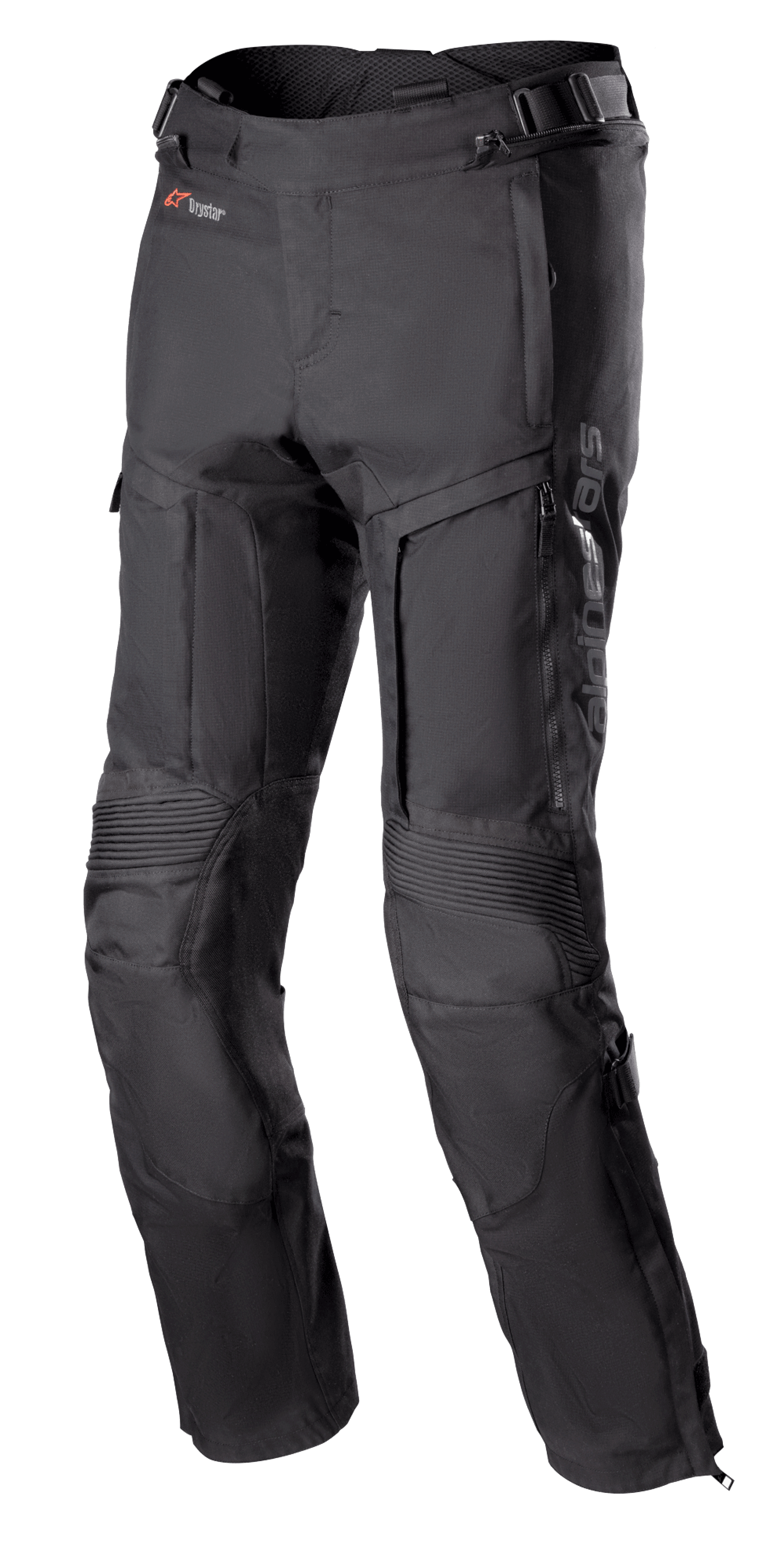 Alpinestars Bogota Pro Drystar 3 Seasons Hose, schwarze Motorrad-Tourenhose, mit Belüftungsreißverschlüssen an den Oberschenkeln, Akkordeon-Stretcheinsätzen an den Knien, verstellbaren Taillenriemen und strapazierfähigem Textilgewebe mit Drystar-Branding.