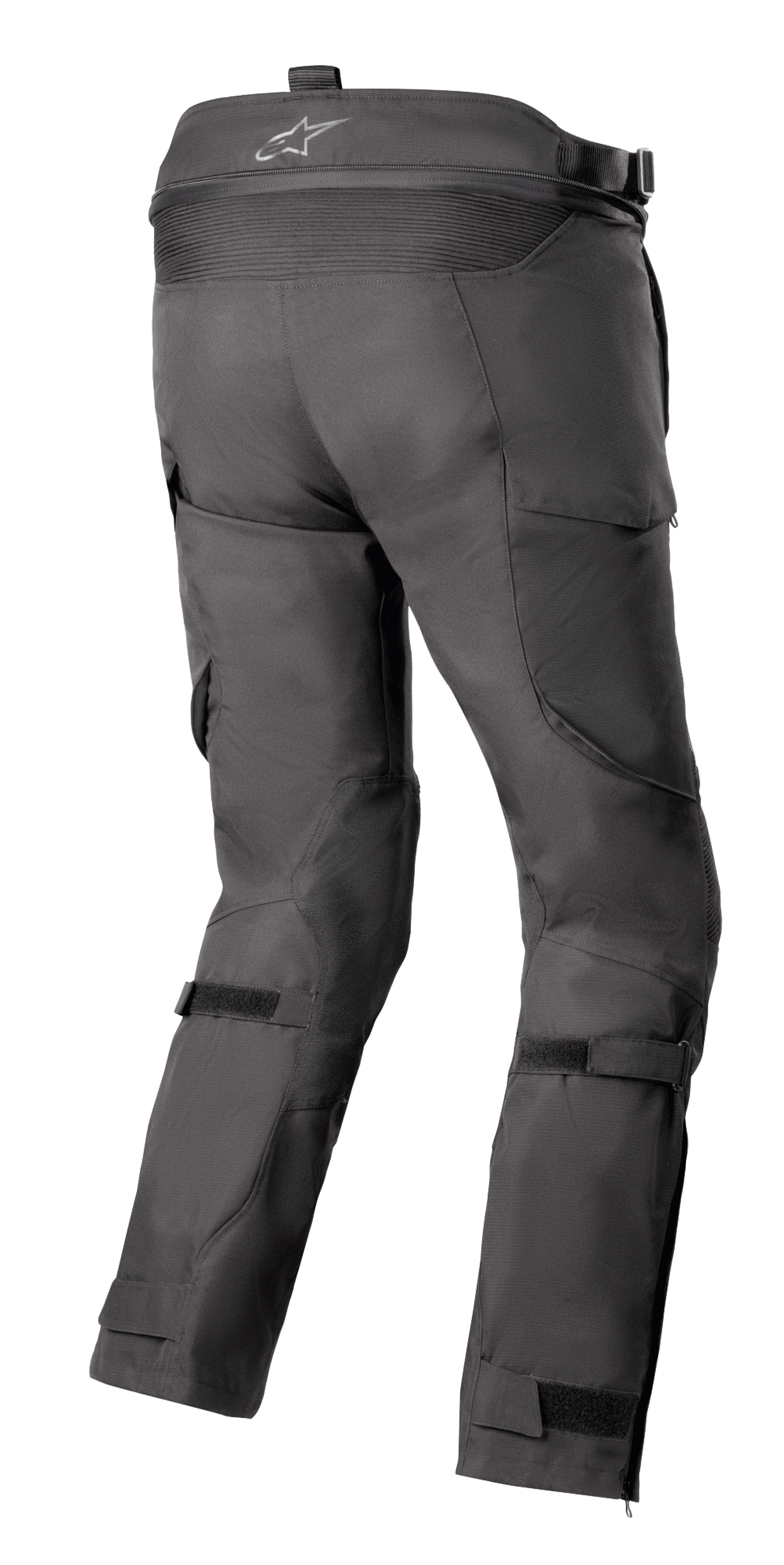 Alpinestars Bogota' Pro Drystar® 4 Seasons Pants, Black, Rear view of adventure touring motorcycle pants showing logo on the waistband, accordion stretch panels, and adjustable leg straps