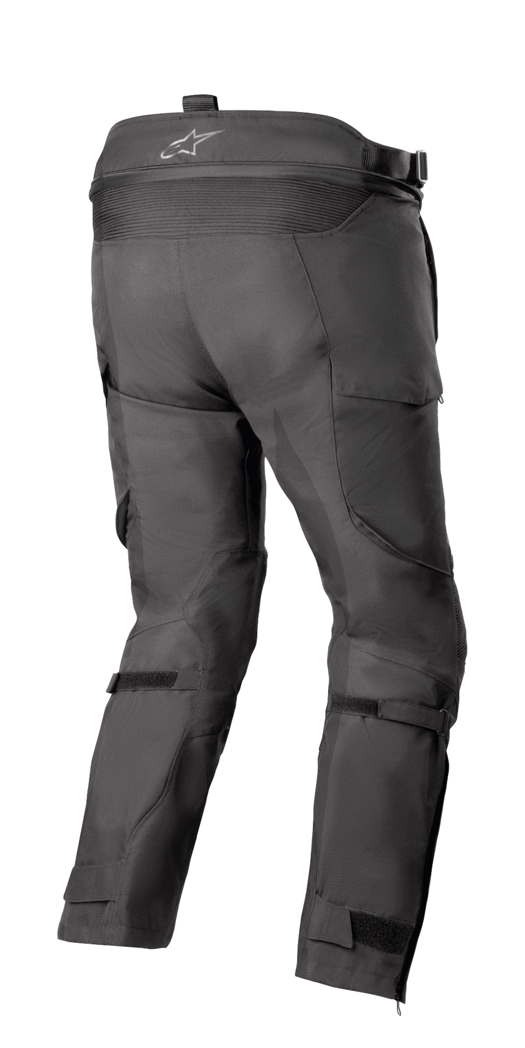 Alpinestars Bogotá Pro Drystar® 4 Seasons Hose - Short, Adventure-Tourenmotorradhose, Schwarz, Rückansicht zeigt hohe Taille mit Logo, Stretch-Akkordeon-Einsatz, verstellbare Wadenriemen und technische Textilkonstruktion.