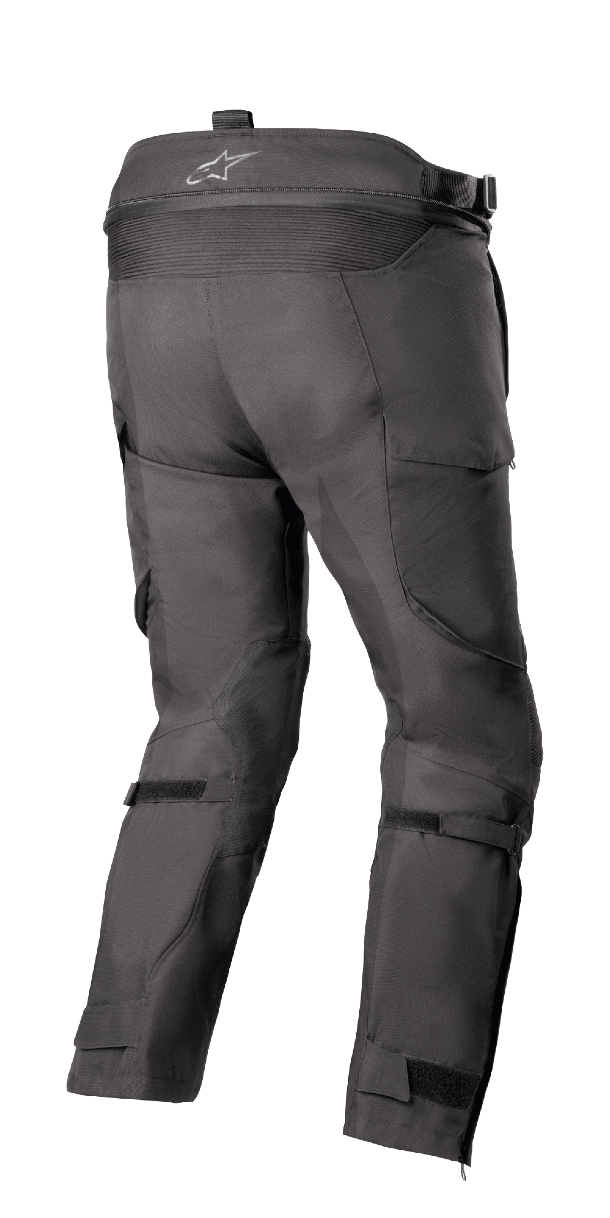 Alpinestars Bogotá Pro Drystar® 4 Seasons Hose - Short, Adventure-Tourenmotorradhose, Schwarz, Rückansicht zeigt hohe Taille mit Logo, Stretch-Akkordeon-Einsatz, verstellbare Wadenriemen und technische Textilkonstruktion.