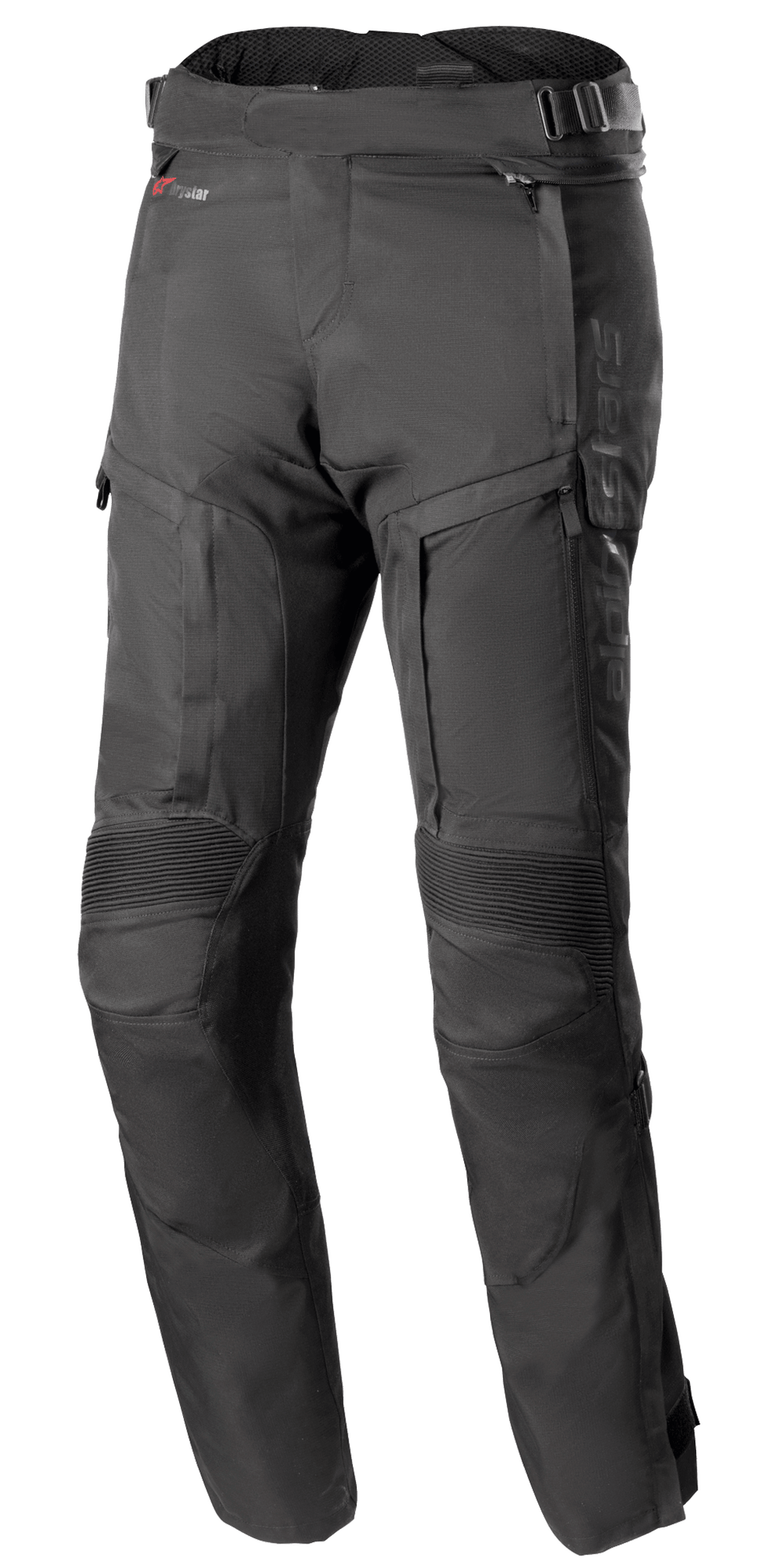 Alpinestars Bogota Pro Drystar 4 Seasons Pants - Long, Black Adventure Motorcycle Touring Pants, featuring ribbed stretch panels at the knees and zippered ventilation panels on the thighs, adjustable waist straps with buckles, and a durable technical textile construction for all-weather protection.