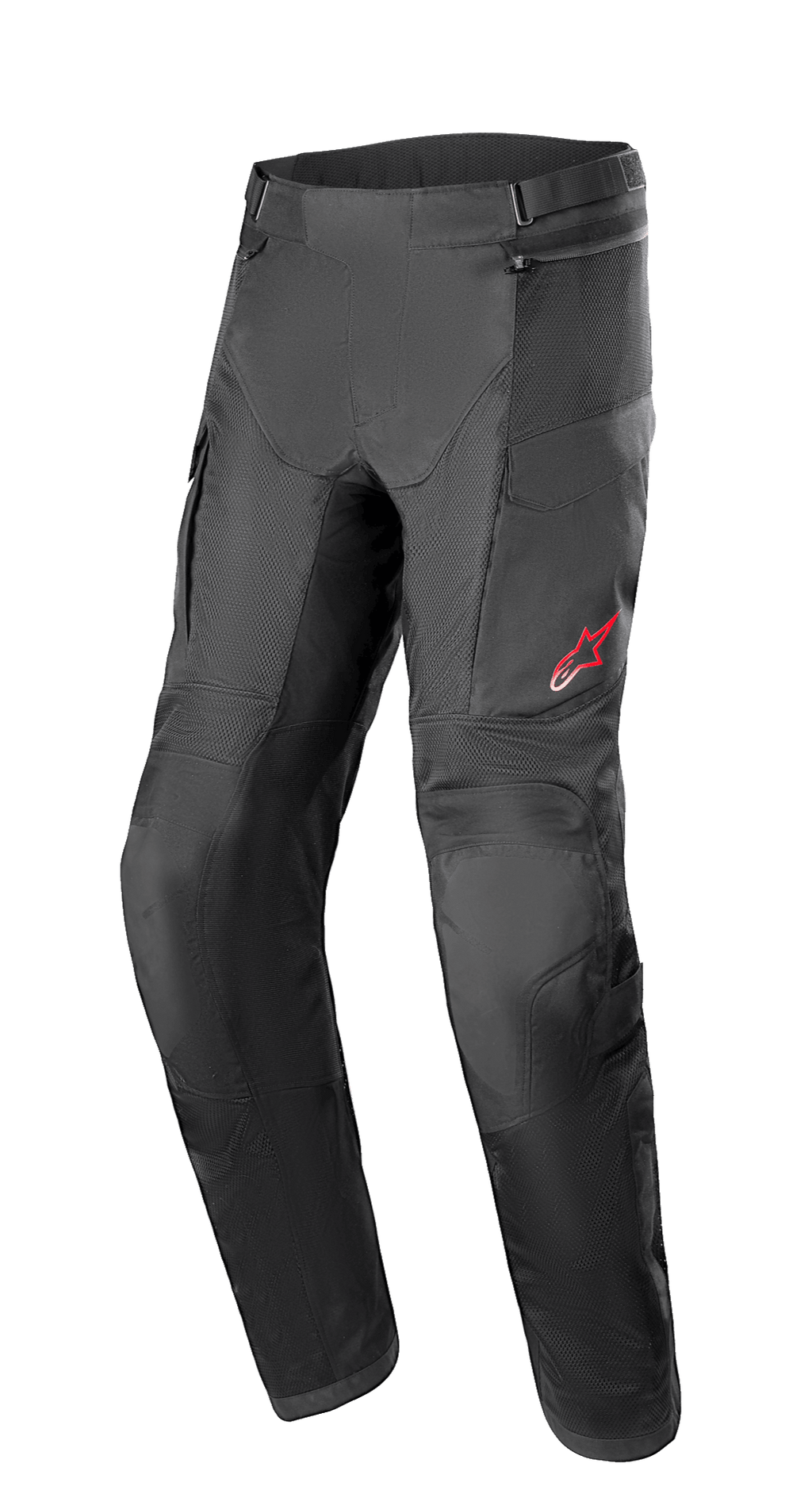 Alpinestars Andes Air Drystar® Hose, Adventure-Tourenmotorradhose, Schwarz, mit großflächigen Mesh-Einsätzen zur Belüftung, rotem Stern-Logo auf dem linken Oberschenkel, verstellbarem Bund und verstärkten Kniepartien, konzipiert für Tourenkomfort.