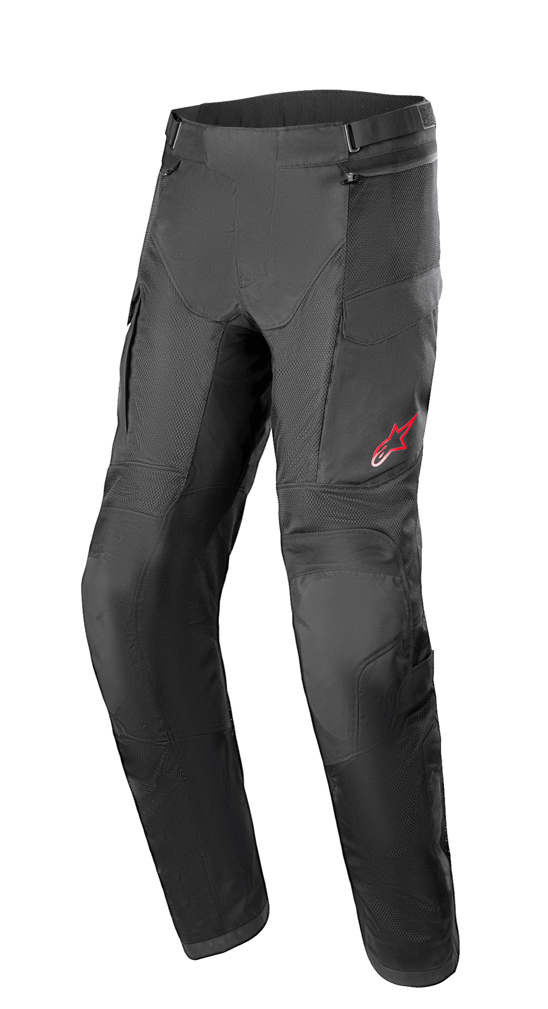 Alpinestars Andes Air Drystar® Hose, Adventure-Tourenmotorradhose, Schwarz, mit großflächigen Mesh-Einsätzen zur Belüftung, rotem Stern-Logo auf dem linken Oberschenkel, verstellbarem Bund und verstärkten Kniepartien, konzipiert für Tourenkomfort.