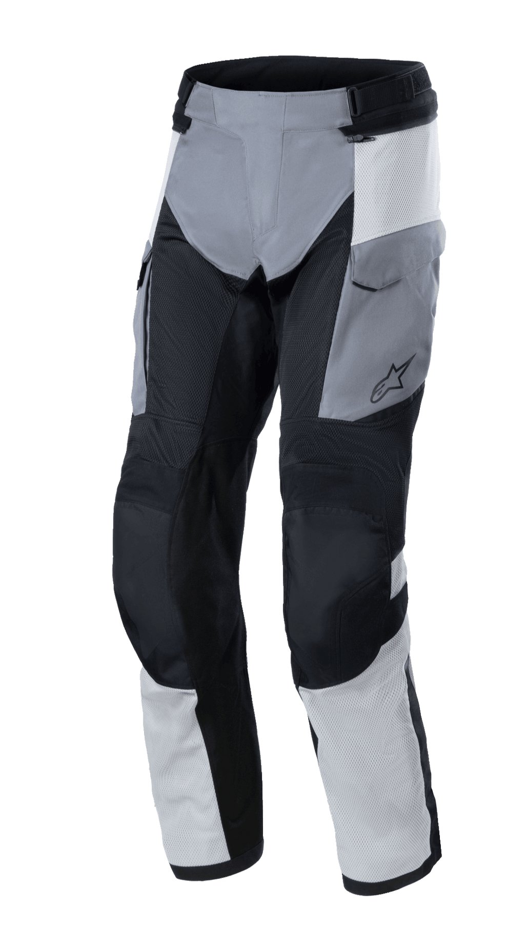 Alpinestars Andes Air Drystar® Pants, Adventure Touring Pants, Ice Gray, Dark Gray and Black, featuring extensive mesh panels for airflow, cargo pockets, and reinforced knee sections, durable textile construction for dual-season riding