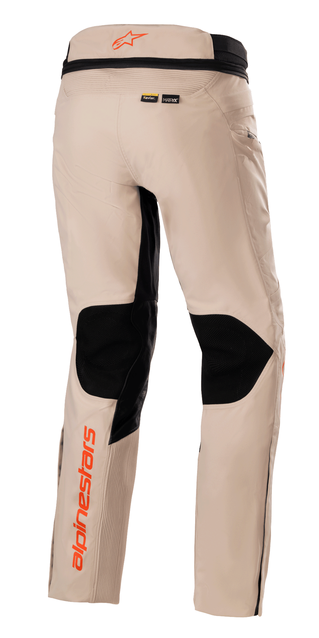 Alpinestars AMT-10R Drystar® XF Pants, Adventure Touring Pants, Pale Brown, rear view featuring large black mesh panels on the back of the knees, orange Alpinestars logos on the waistband and lower leg, and Kevlar and MATRYX material branding.