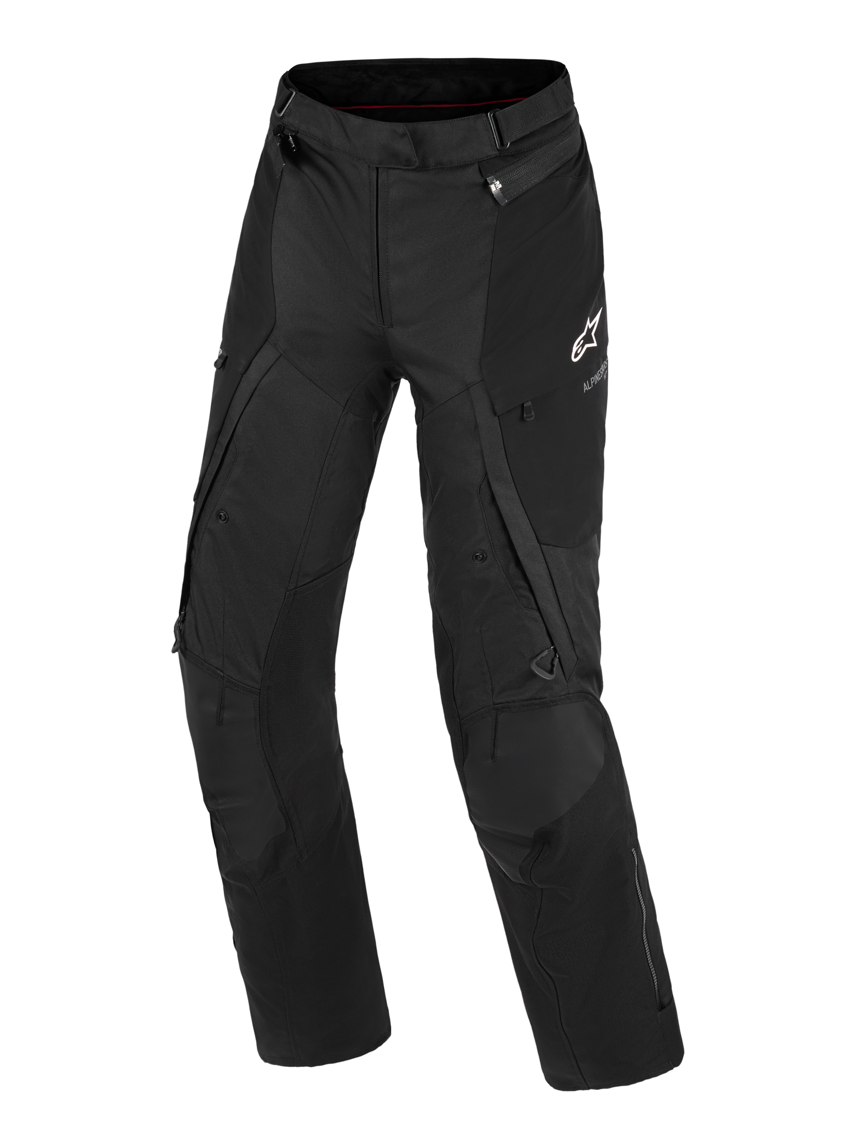 Alpinestars Stella Andes V4 Drystar® Hose, Damen-Adventure-Motorradhose, Schwarz, Vorderansicht zeigt technische Textilkonstruktion, weißes Alpinestars-Logo auf dem linken Oberschenkel, Cargotaschen und Belüftungsreißverschlüsse, strapazierfähige Allwetter-Fahrausrüstung