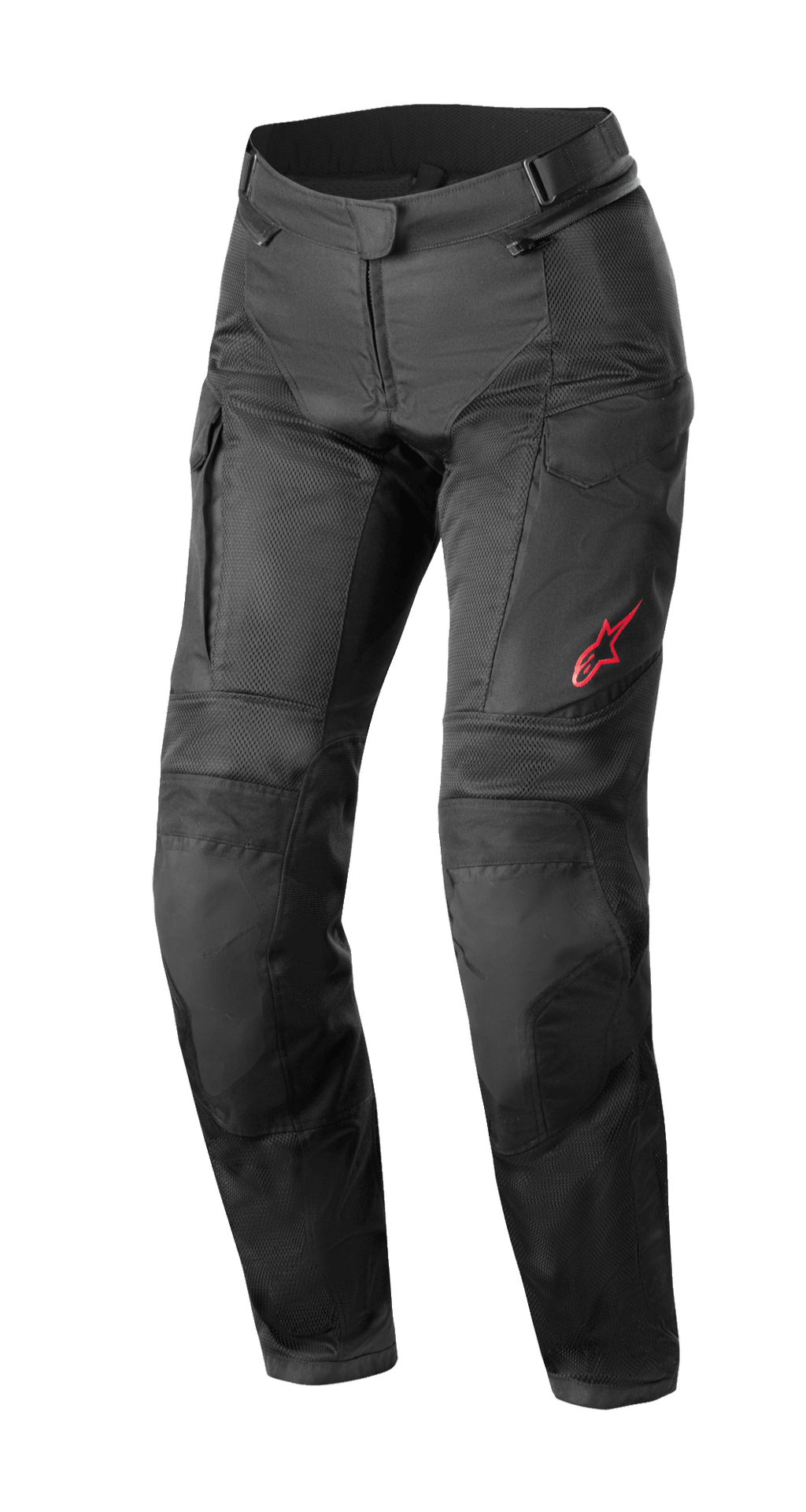 Alpinestars Stella Andes Air Drystar® Hose, Damen-Motorrad-Tourenhose, Schwarz, mit großen Mesh-Einsätzen für Belüftung, Cargo-Taschen und einem roten Alpinestars-Logo auf dem linken Oberschenkel, technisches Textildesign für Touren zu jeder Jahreszeit