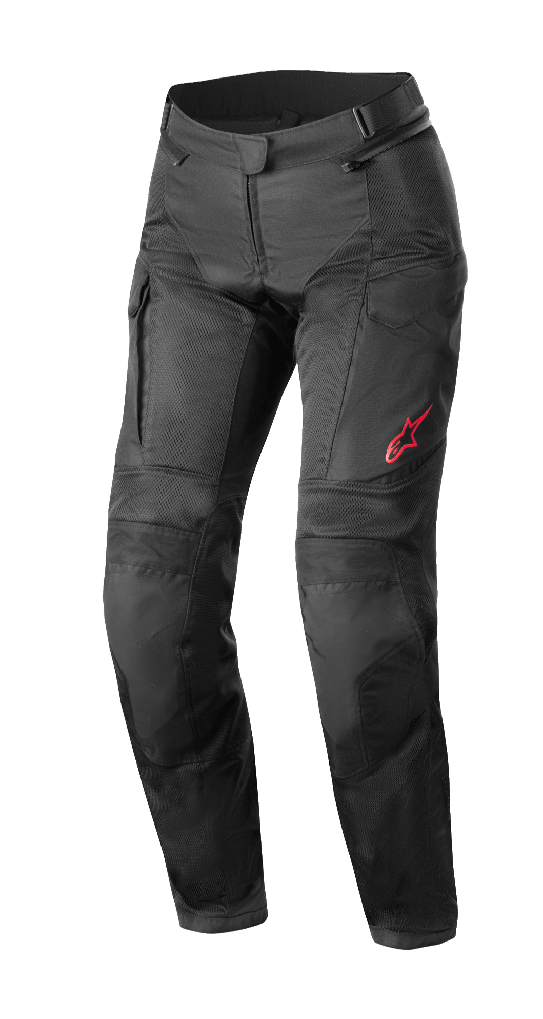 Alpinestars Stella Andes Air Drystar® Hose, Damen-Motorrad-Tourenhose, Schwarz, mit großen Mesh-Einsätzen für Belüftung, Cargo-Taschen und einem roten Alpinestars-Logo auf dem linken Oberschenkel, technisches Textildesign für Touren zu jeder Jahreszeit