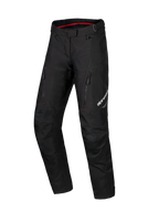 Alpinestars Honda Stella ST-1 Wasserdichte Hose, schwarze Damen-Motorrad-Tourenhose, rote Innenfütterung am Bund, zwei vertikale Reißverschlusstaschen an den Oberschenkeln, Alpinestars-Logo am Bein, strapazierfähige Textil-Adventure-Ausrüstung
