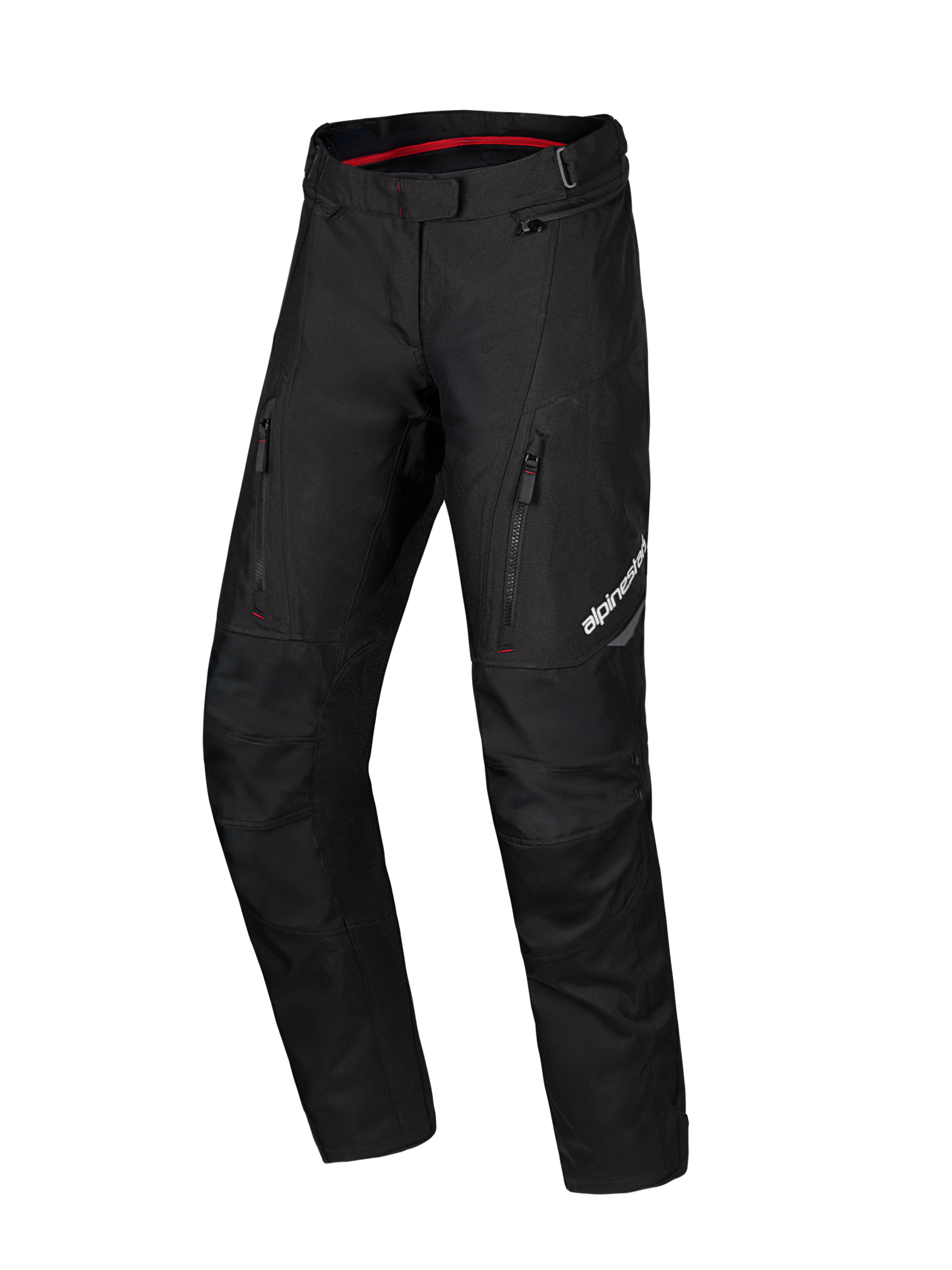 Alpinestars Honda Stella ST-1 Wasserdichte Hose, schwarze Damen-Motorrad-Tourenhose, rote Innenfütterung am Bund, zwei vertikale Reißverschlusstaschen an den Oberschenkeln, Alpinestars-Logo am Bein, strapazierfähige Textil-Adventure-Ausrüstung