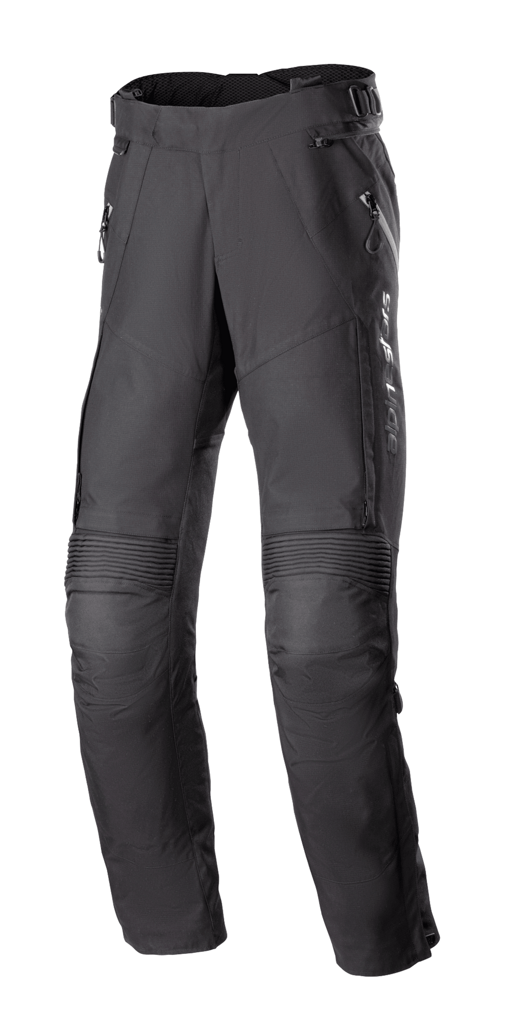 Alpinestars Women's Stella Bogota Pro Drystar 4 Seasons Pants, Black Motorcycle Touring Pants, featuring accordion stretch panels at the knees, zippered thigh vents, and adjustable waist buckles, technical textile adventure gear