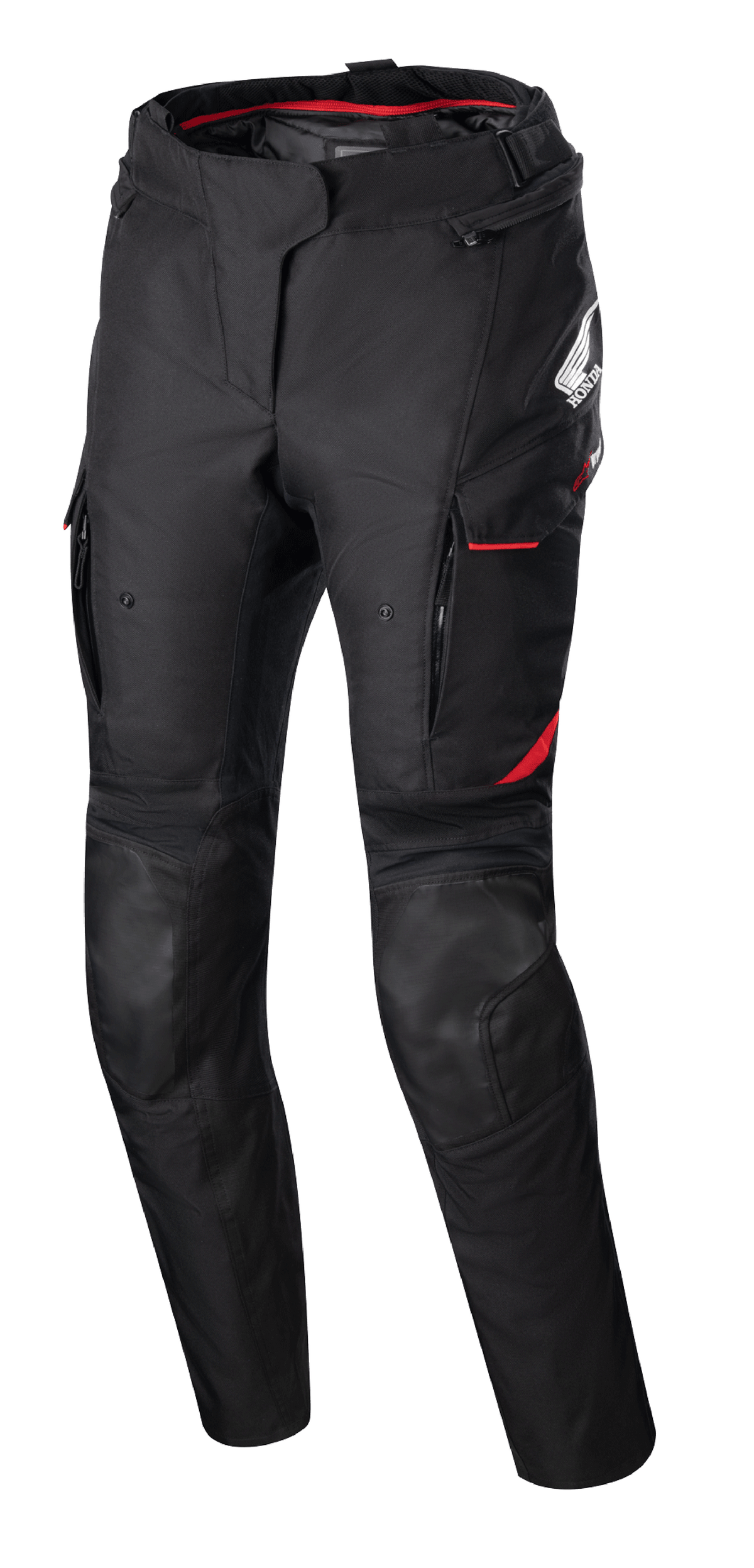 Alpinestars Stella Honda Andes V3 Drystar® Hose, Damen-Motorradhose aus Textil, Schwarz mit leuchtend roten Akzenten, Honda und Alpinestars Branding, Cargotaschen mit rotem Besatz, verstärkte Knieeinsätze, verstellbarer Taillenriegel, rotes Innenfutter am Bund