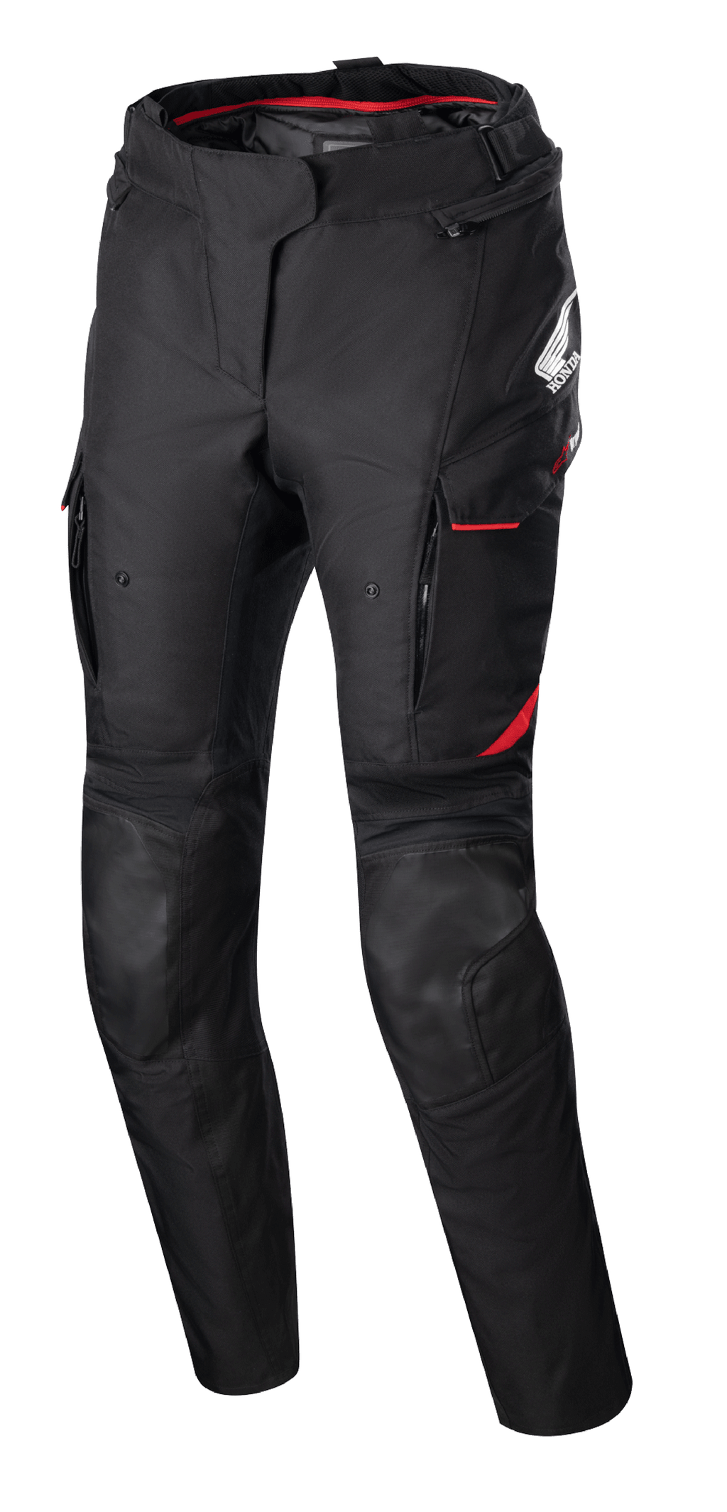 Women Stella Honda Andes V3 Drystar® Pants, textile motorcycle pants, Black with Bright Red accents, featuring Honda and Alpinestars branding, cargo pockets with red trim, reinforced knee panels, adjustable waist strap, and red interior lining at the waist
