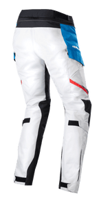 Alpinestars Women Stella Honda Andes V3 Drystar® Pants, Adventure Touring Motorcycle Pants, Ice Gray Blue Bright Red, rear view showing ice gray textile construction, blue side pocket with white logo, black waistband, and red accent stripes