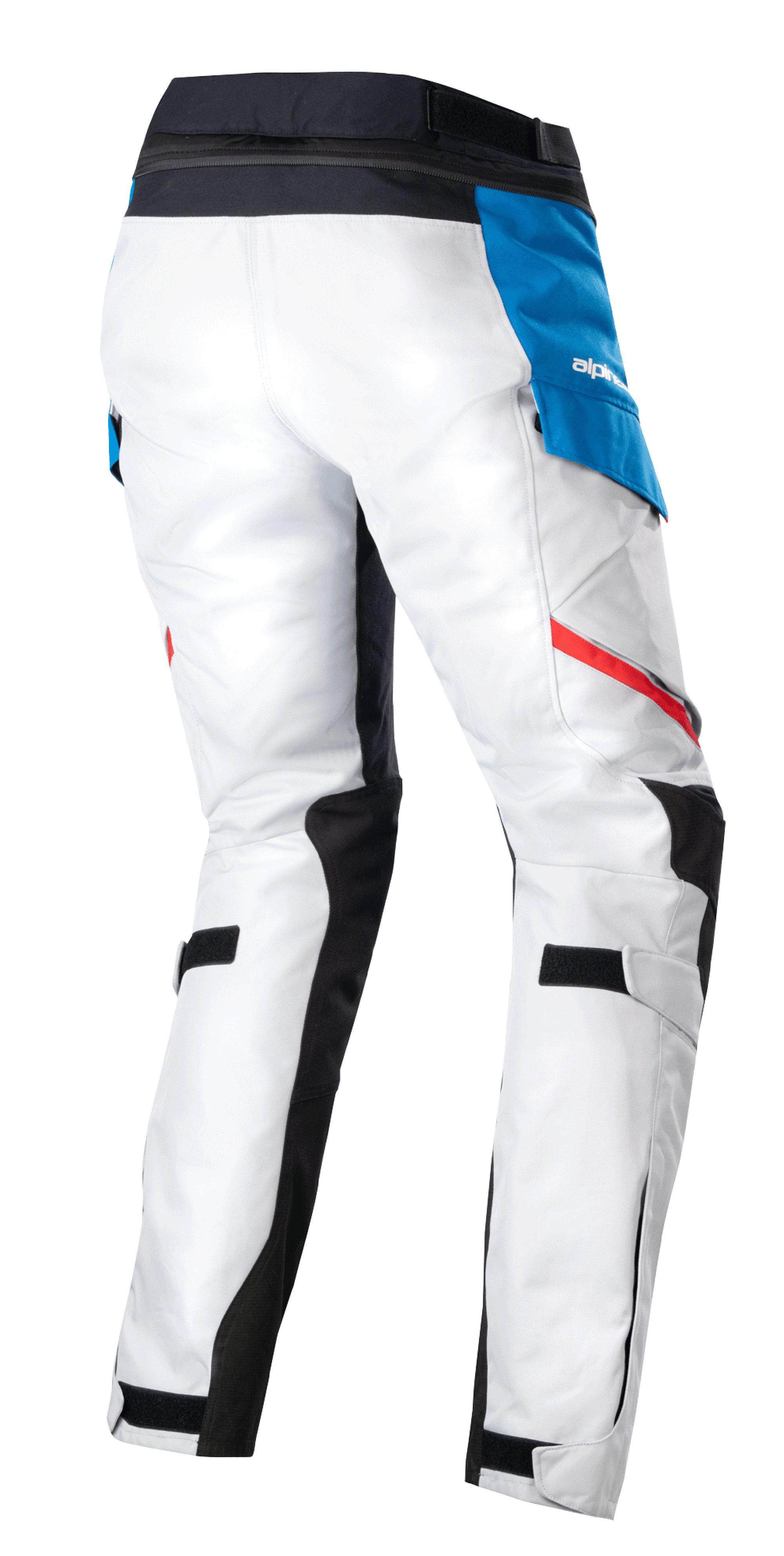 Alpinestars Women Stella Honda Andes V3 Drystar® Pants, Adventure Touring Motorcycle Pants, Ice Gray Blue Bright Red, rear view showing ice gray textile construction, blue side pocket with white logo, black waistband, and red accent stripes