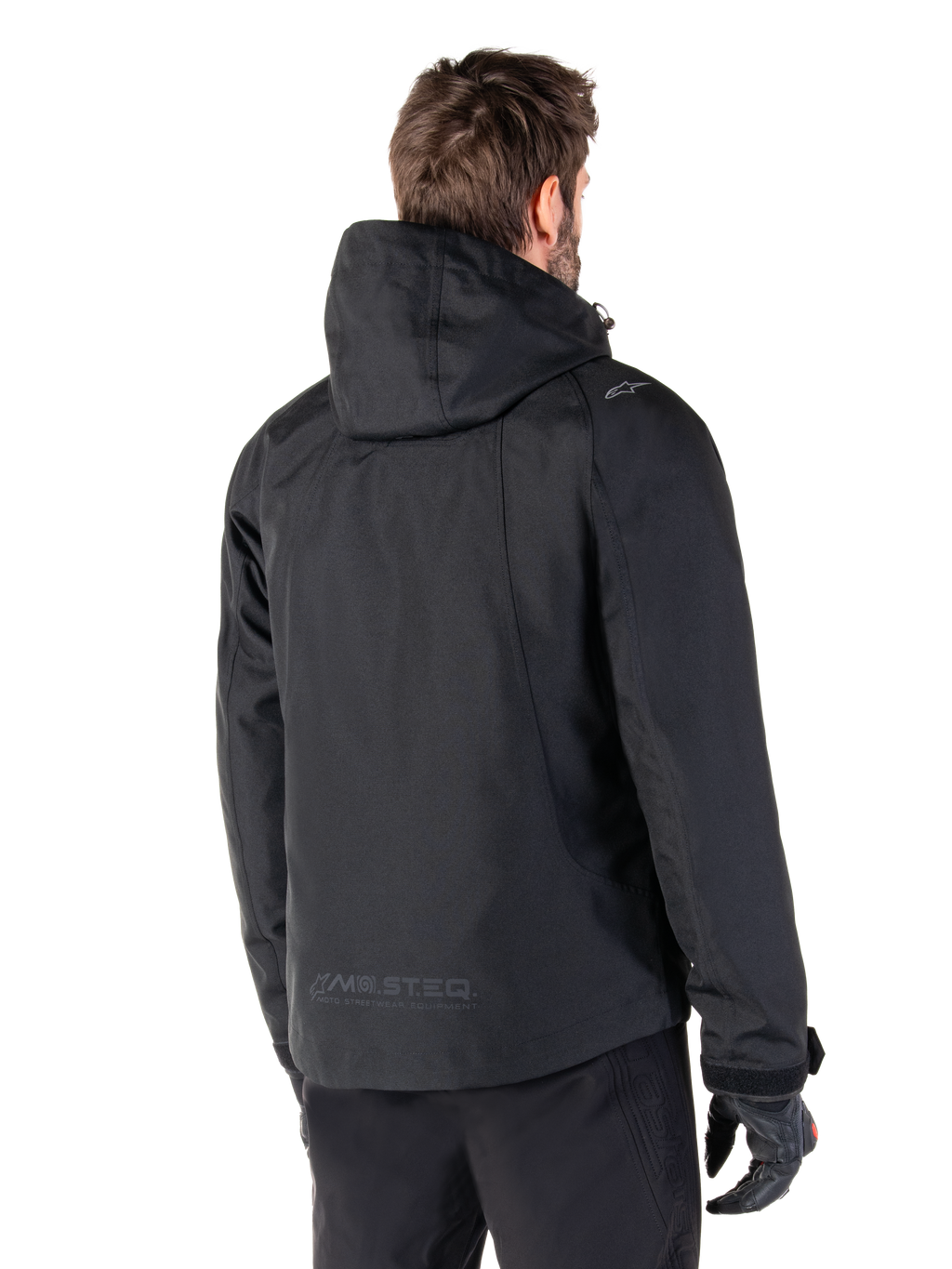 Alpinestars Morush Waterproof Parka, Black Men's Urban Motorcycle Jacket, hooded rear view with MO.ST.EQ. branding.