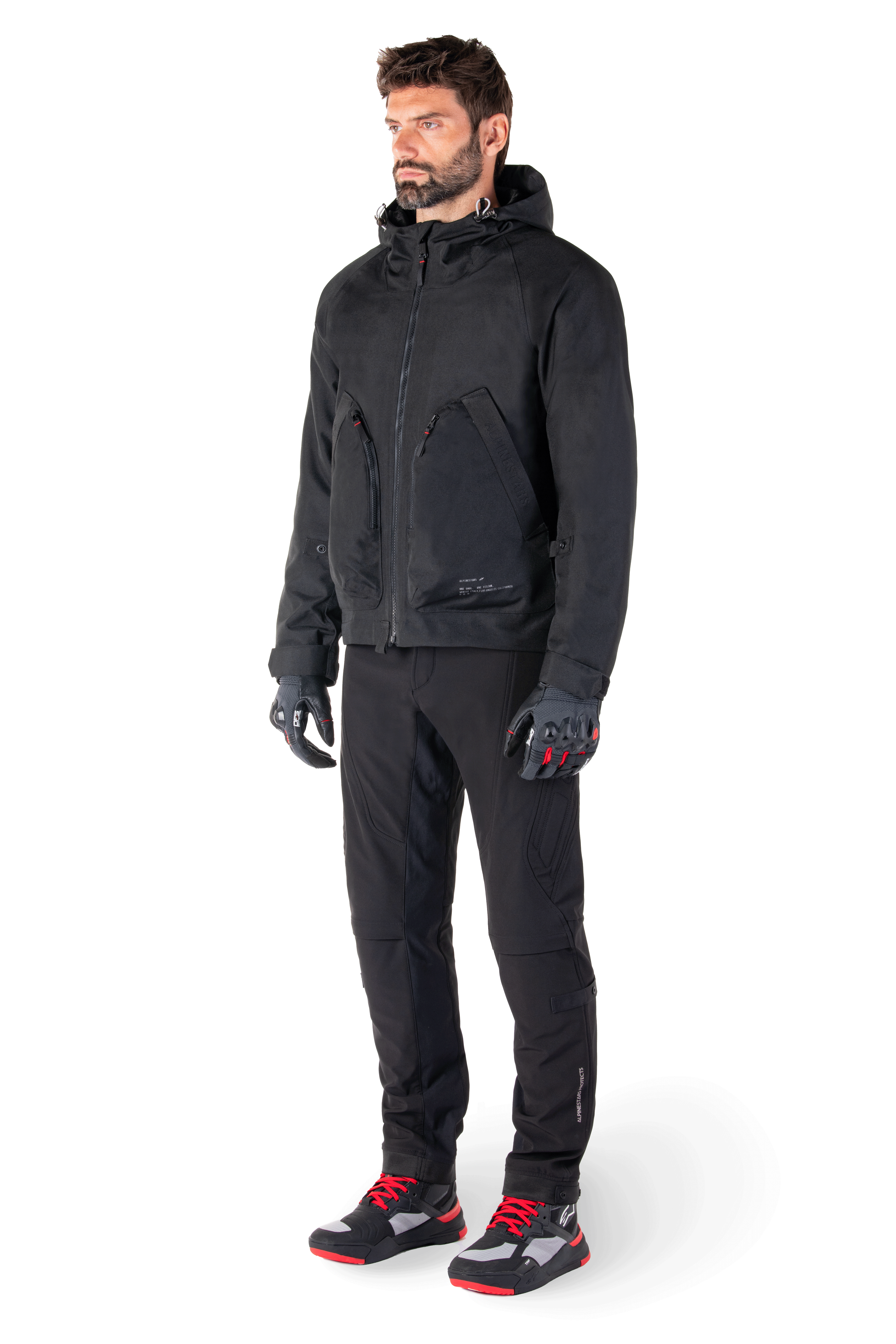 Alpinestars Morush Waterproof Parka in Black, an urban textile motorcycle jacket with a stormproof hood and CE armor.