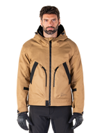 Alpinestars Morush Wasserdichter Parka, Motorradjacke mit Kapuze in Utility Brown und Schwarz, Urban-Fahrbekleidung, Vorderansicht mit schwarzem Reißverschluss und großen schrägen Taschen