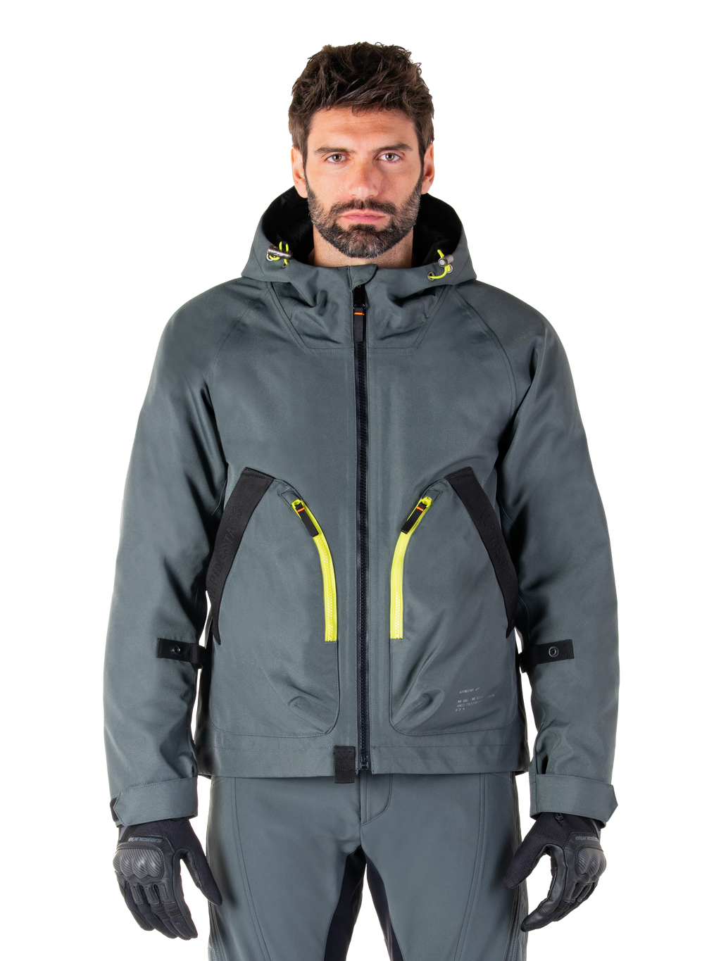 Alpinestars Morush Waterproof Parka, urban-graue Motorradjacke, leuchtend gelbe Reißverschlüsse und schwarze Akzente, Kapuzendesign mit großen Vordertaschen, technisches, von Streetwear inspiriertes Styling