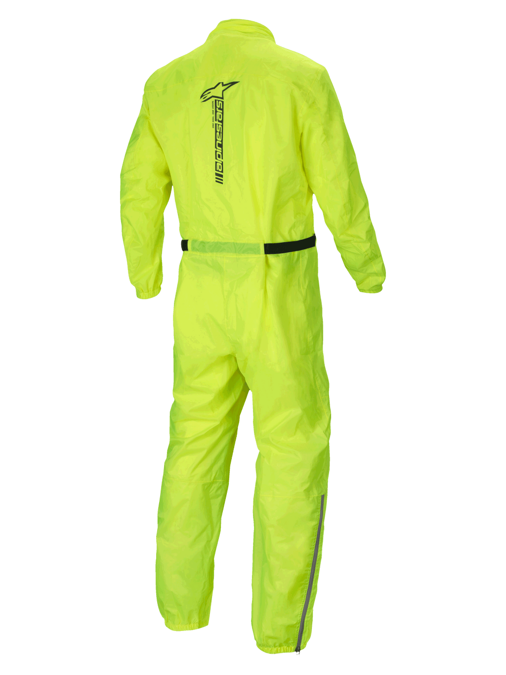 Alpinestars Hurricane Rain V2 Regenanzug, wasserdichter Motorrad-Regenanzug, Gelb Fluo, Rückansicht mit reflektierendem Alpinestars-Schriftzug und leichter Textilkonstruktion
