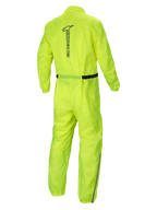 Alpinestars Hurricane Rain V2 Regenanzug, wasserdichter Motorrad-Regenanzug, Gelb Fluo, Rückansicht mit reflektierendem Alpinestars-Schriftzug und leichter Textilkonstruktion