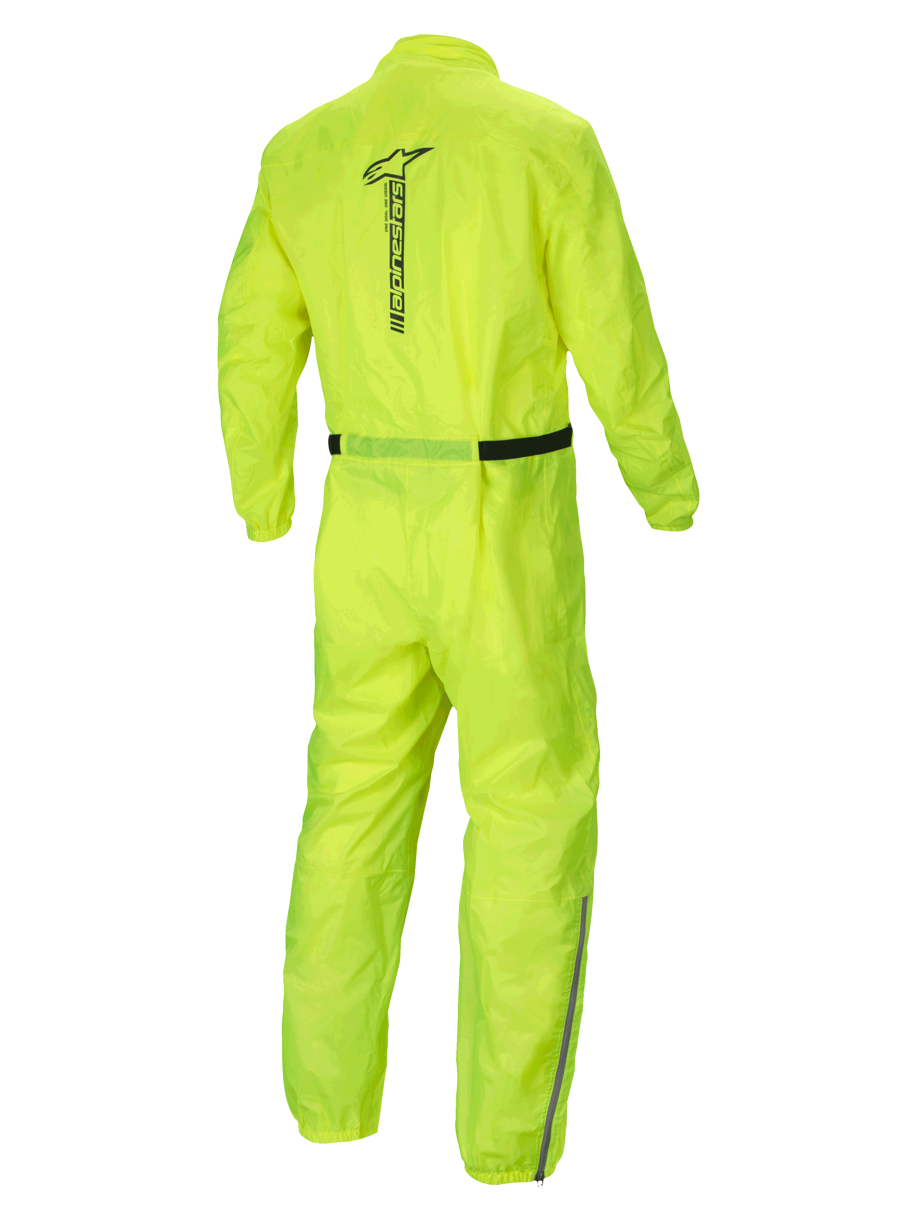 Alpinestars Hurricane Rain V2 Regenanzug, wasserdichter Motorrad-Regenanzug, Gelb Fluo, Rückansicht mit reflektierendem Alpinestars-Schriftzug und leichter Textilkonstruktion