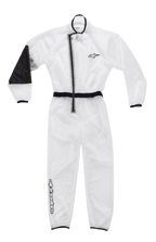 Alpinestars Kart Rain Suit, transparente Kart-Überkombi, durchsichtig mit schwarzem Saum, asymmetrischer Reißverschluss, elastischer Bund und Bündchen, verstärktes hitzebeständiges Ellenbogen-Panel, Alpinestars-Branding auf Brust und Bein