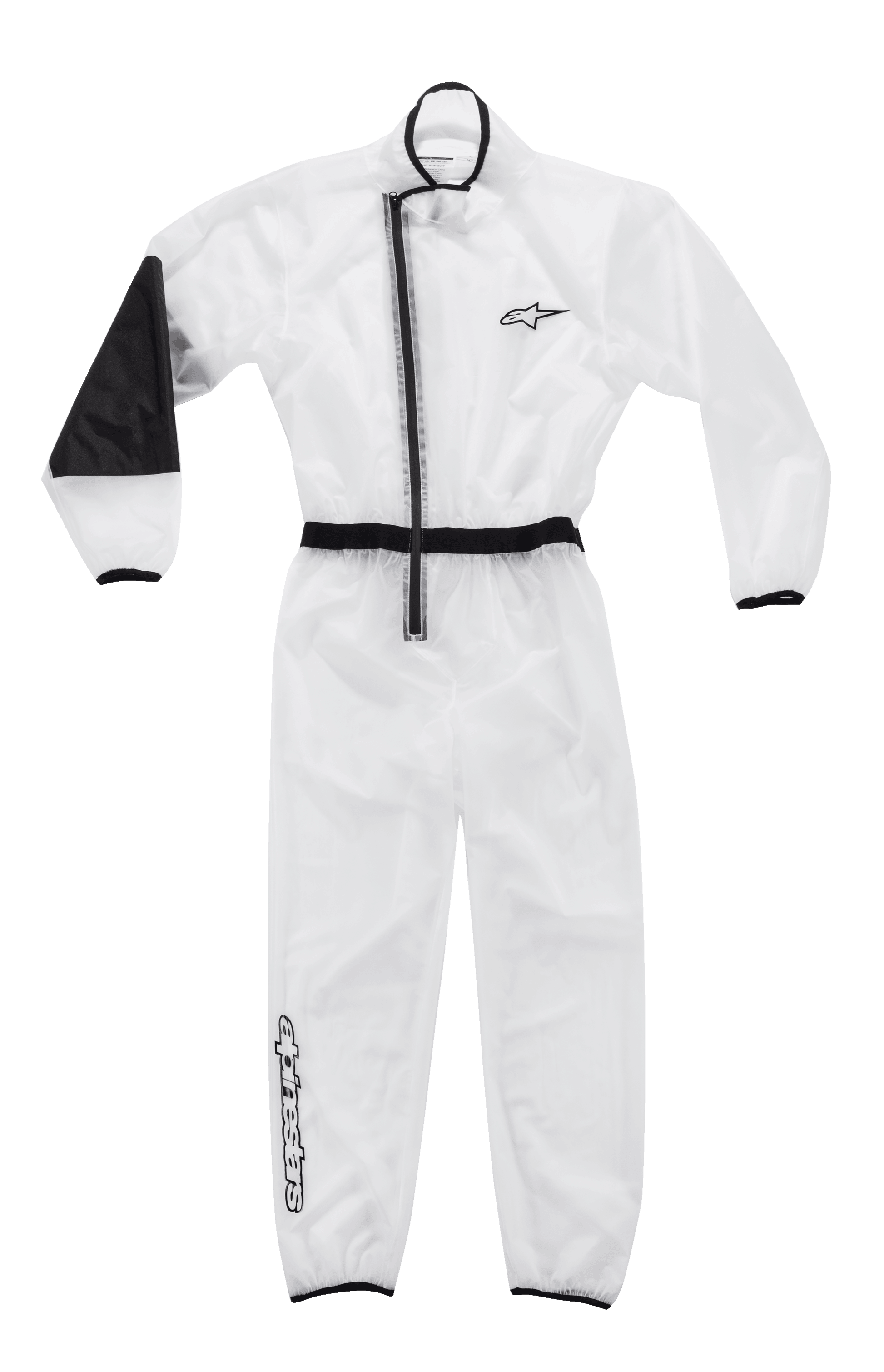 Alpinestars Kart Rain Suit, transparente Kart-Überkombi, durchsichtig mit schwarzem Saum, asymmetrischer Reißverschluss, elastischer Bund und Bündchen, verstärktes hitzebeständiges Ellenbogen-Panel, Alpinestars-Branding auf Brust und Bein