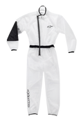 Alpinestars Jugend-Kart-Regenanzug, transparenter wasserdichter Überanzug, Transparent mit schwarzen Akzenten, verstärkter schwarzer Einsatz am rechten Ellbogen, asymmetrischer Frontreißverschluss, elastischer Bund und Bündchen, Alpinestars-Logos auf Brust und Unterschenkel, Spezialausrüstung für Kartrennen bei nassem Wetter