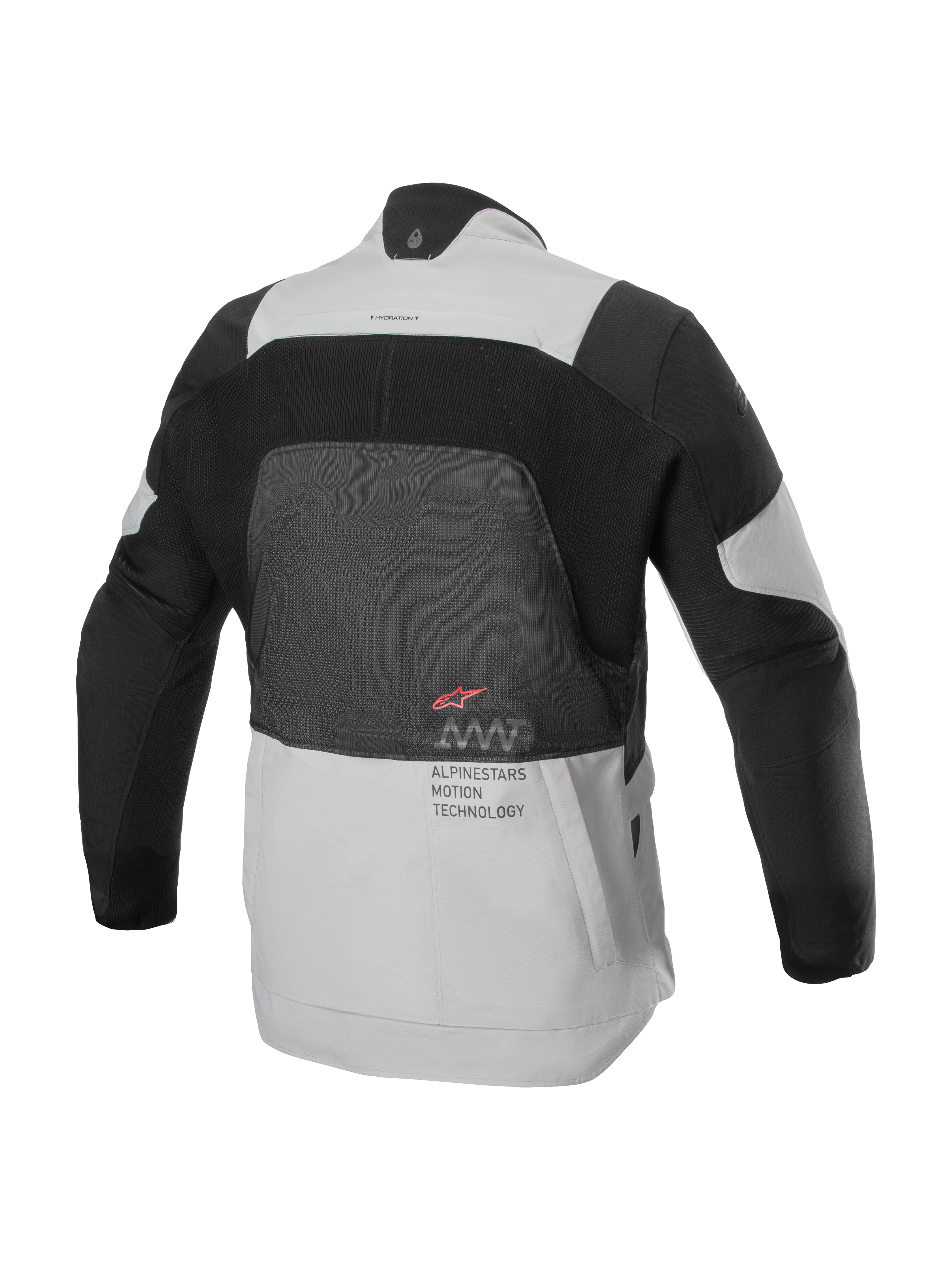 Alpinestars AMT-7 Air Jacket, rear view, Tan and Dark Shadow, technical motorcycle jacket with large MATRYX® mesh panel on the back, 'Alpinestars Motion Technology' text, and red logo, designed for summer adventure touring
