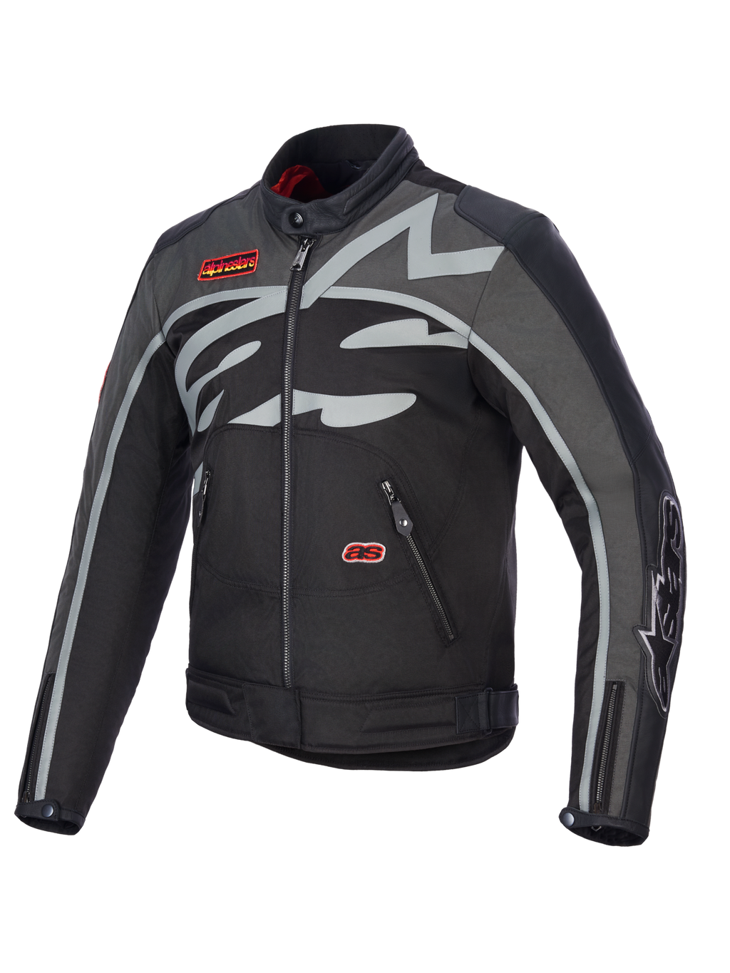 Alpinestars Axton Jacke, Motorradjacke, Schwarz Anthrazit Rot Tangerine, mit großem grauem umlaufendem Logo auf der Brust, roten Marken-Aufnähern, Textil- und Lederkonstruktion, Vintage-Rennsport-inspiriertes Design für Stadt- und Straßenfahrten