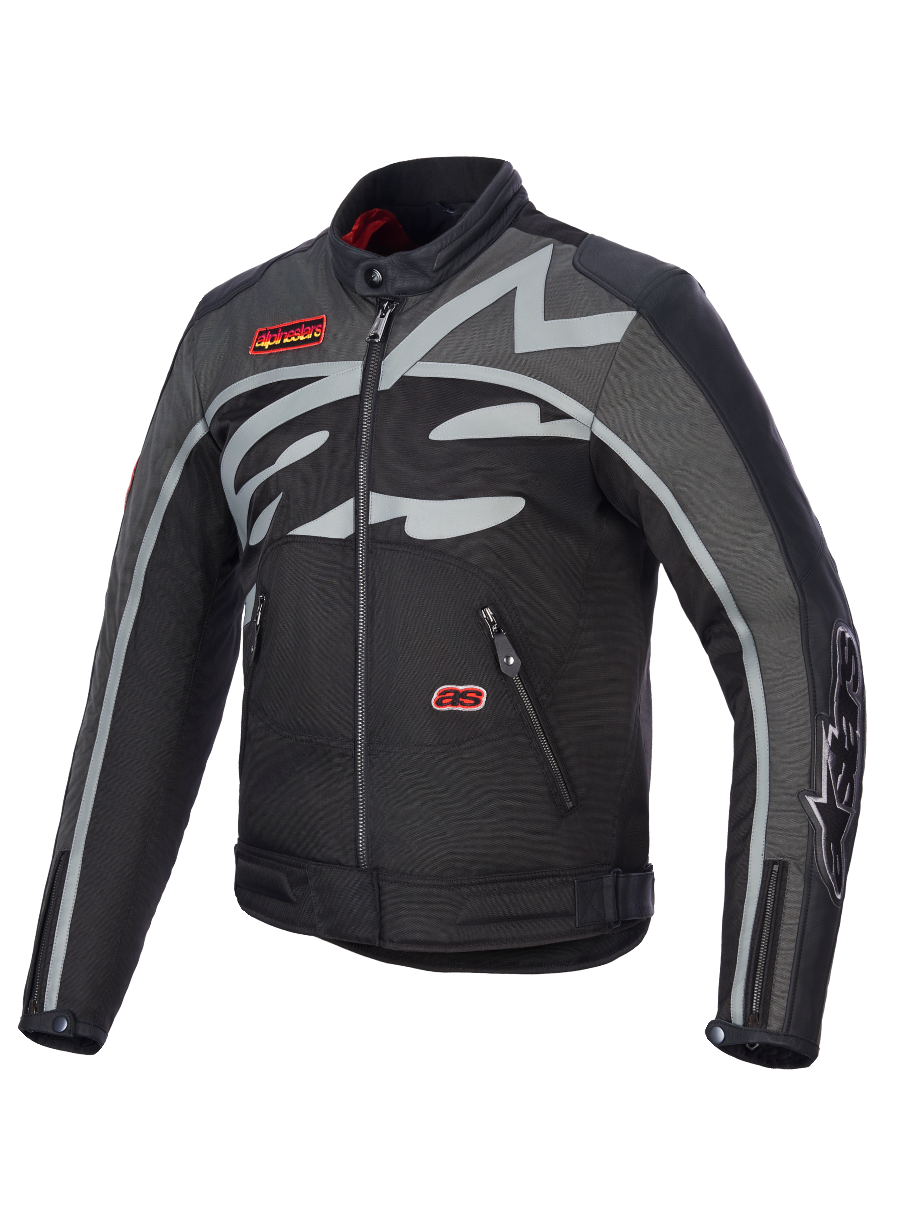 Alpinestars Axton Jacke, Motorradjacke, Schwarz Anthrazit Rot Tangerine, mit großem grauem umlaufendem Logo auf der Brust, roten Marken-Aufnähern, Textil- und Lederkonstruktion, Vintage-Rennsport-inspiriertes Design für Stadt- und Straßenfahrten