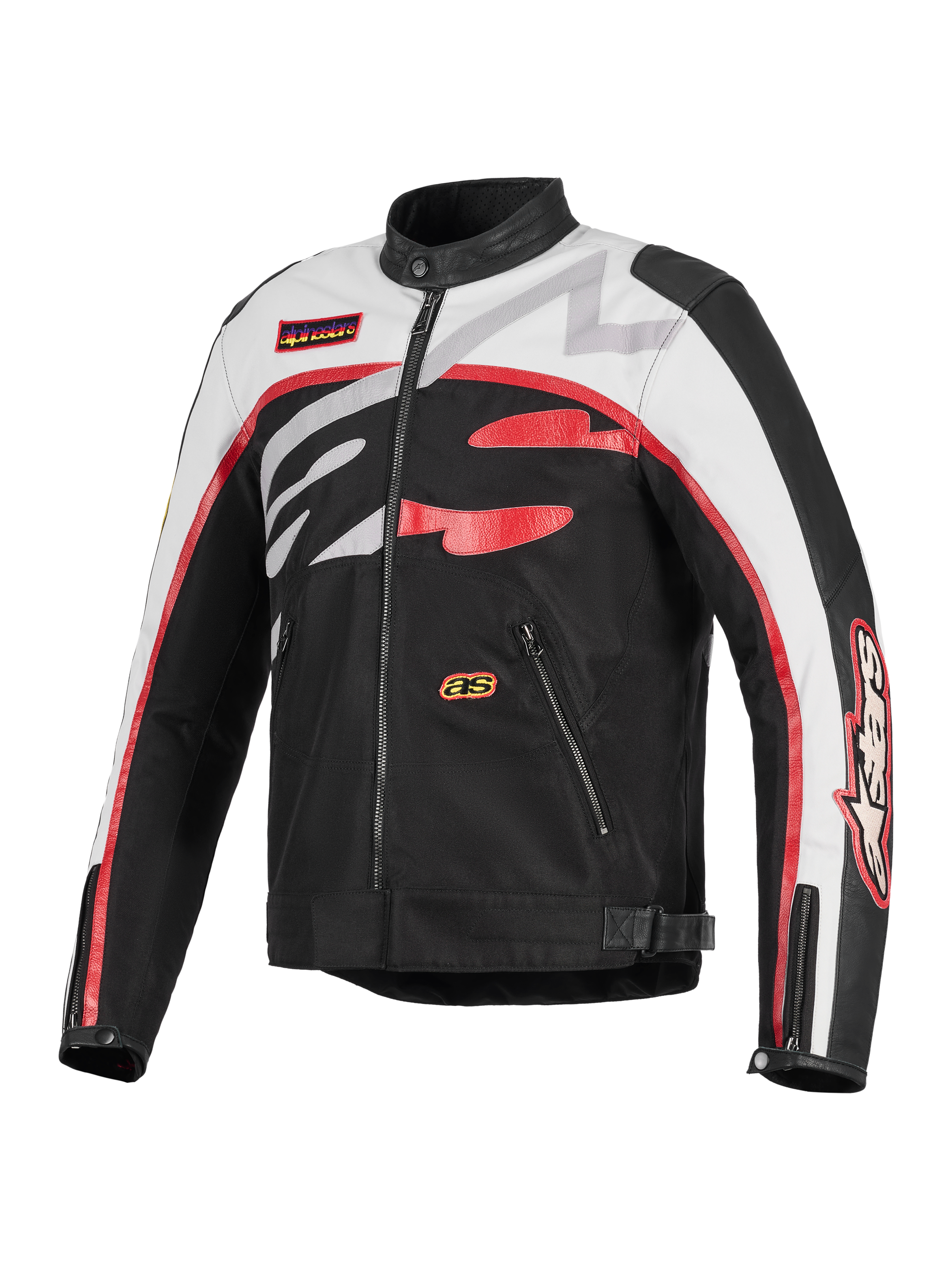 Alpinestars Axton Jacket, Motorcycle Jacket, Black Off White and Bright Red, vintage racing-inspired design with bold wrap-around Alpinestars logo, textile and leather construction, zippered pockets and biker collar