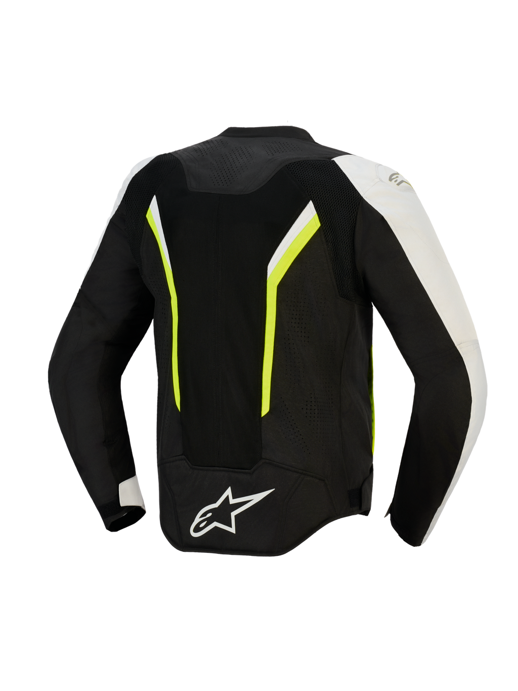 Alpinestars AST V3 Air Jacket, Rear View, Black Silver and Yellow Fluo, textile motorcycle jacket with large mesh panels for airflow, fluorescent accents, and white logo on lower back