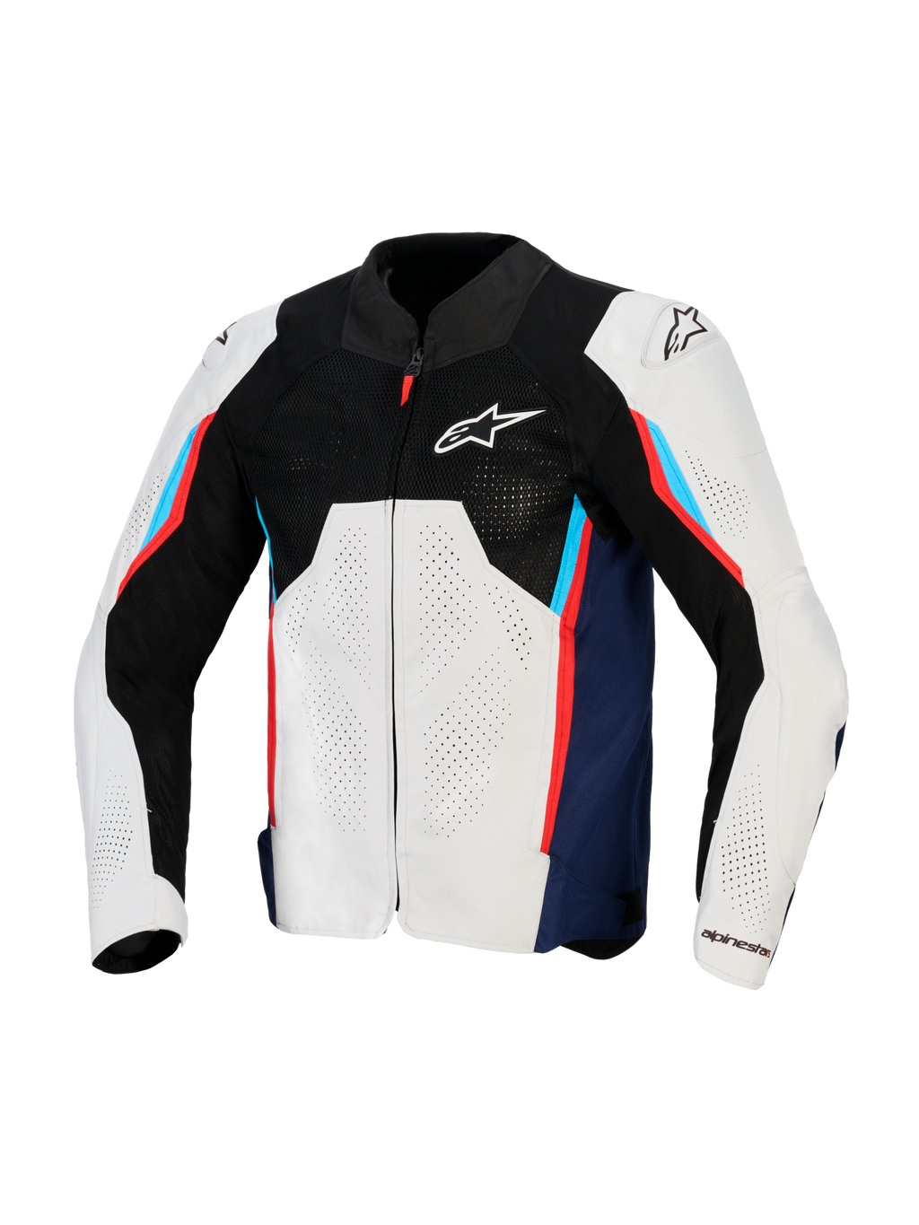 Alpinestars AST V3 Air Jacke, Motorrad-Rennjacke, Silber, Dunkelblau und leuchtendes Rot, Frontansicht mit schwarzem Tech-Mesh-Obermaterial, laserperforierten Textileinsätzen und externen DFS-Schulterschleifern, sportliche Passform für warmes Wetter.