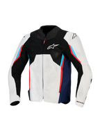 Alpinestars AST V3 Air Jacke, Motorrad-Rennjacke, Silber, Dunkelblau und leuchtendes Rot, Frontansicht mit schwarzem Tech-Mesh-Obermaterial, laserperforierten Textileinsätzen und externen DFS-Schulterschleifern, sportliche Passform für warmes Wetter.