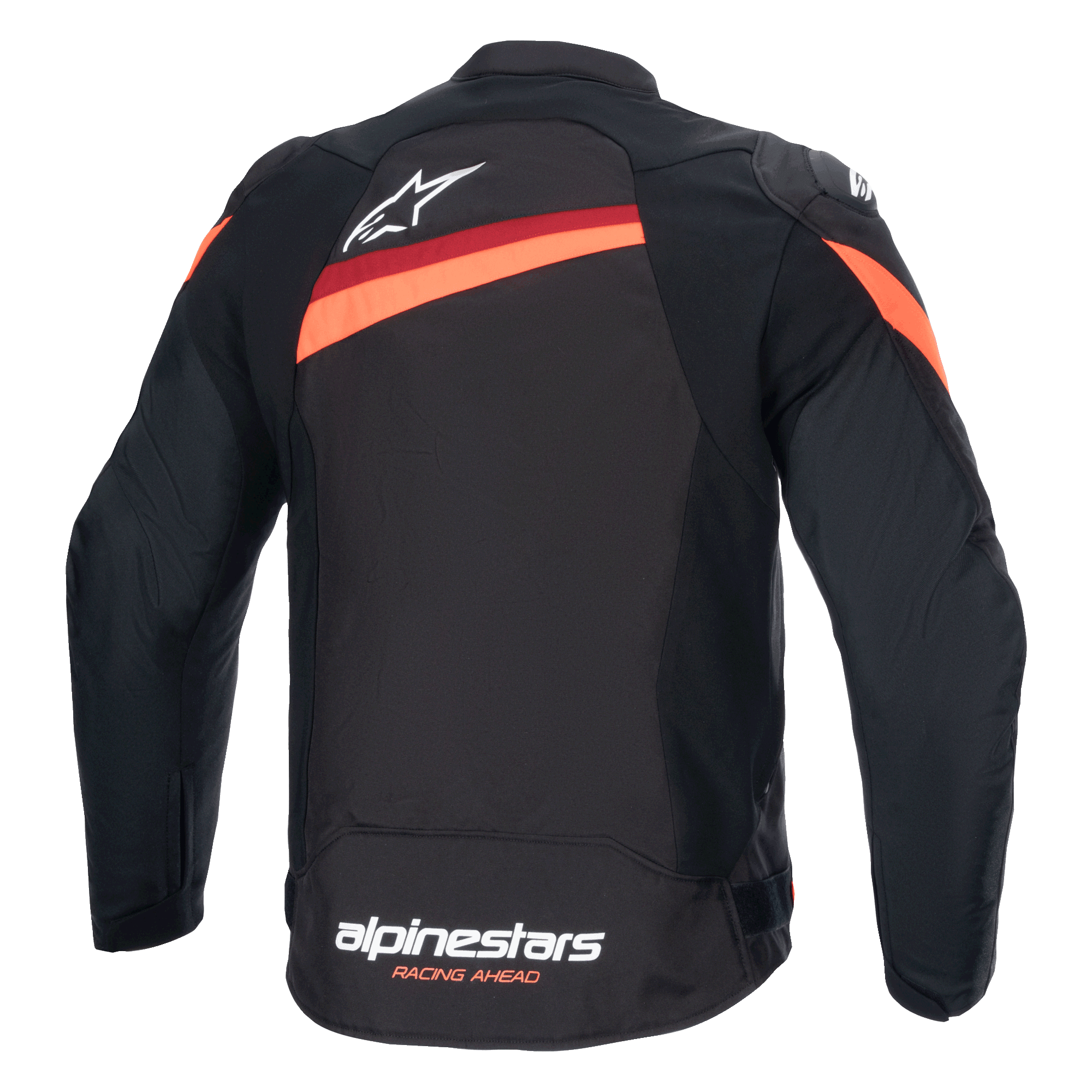 Alpinestars T-GP Plus R V4 Jacke, Rückansicht, Schwarz und Fluo-Rot, Sport-Motorradjacke aus Textil, mit weißem Alpinestars-Logo auf dem oberen Rücken und Branding am unteren Saum, diagonale rote Streifen über Schultern und Rücken, vorgeformte Ärmel